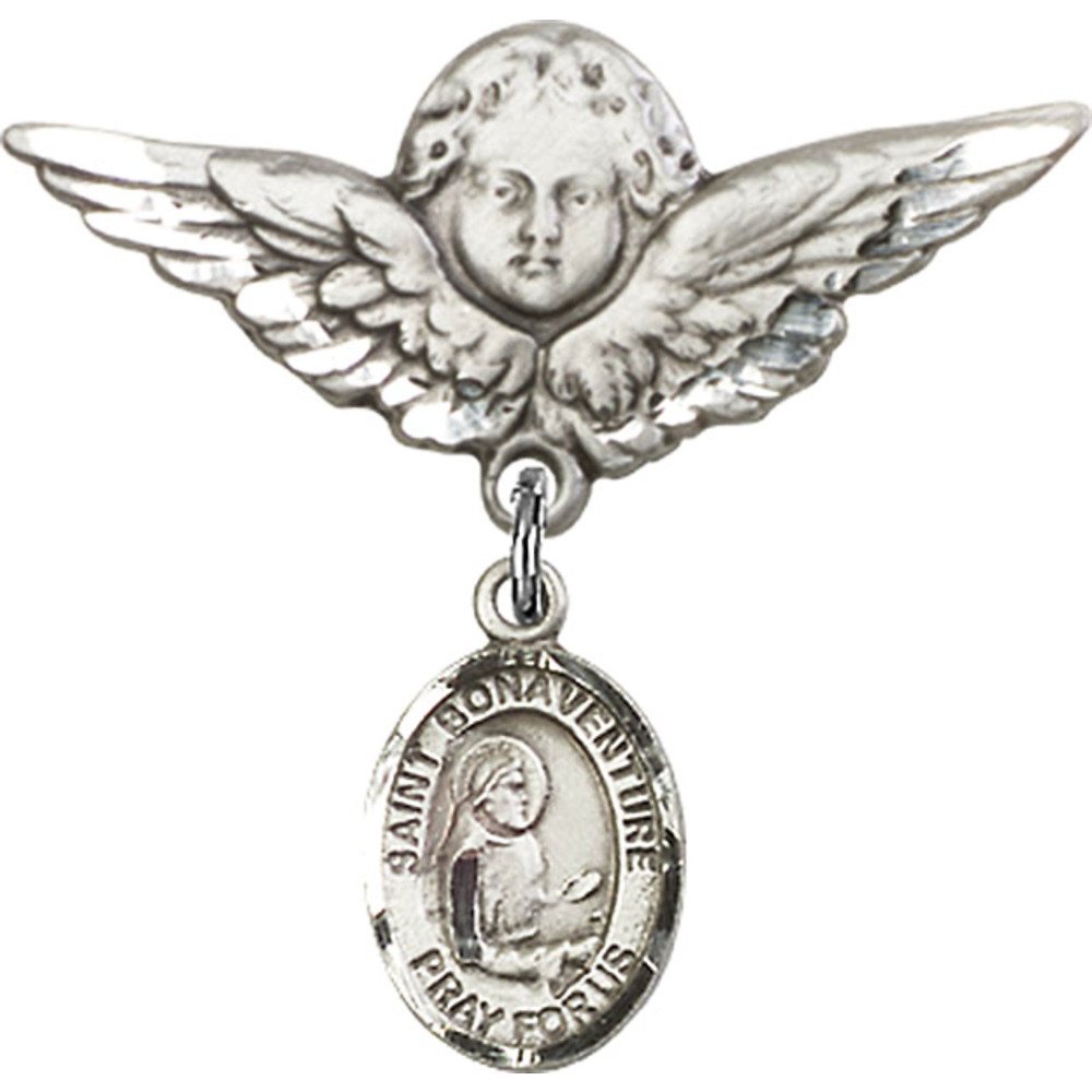 St. Bonaventure Sterling Silver Baby Badge with Angel Wing Charm - 1 1/8 Inch Religious Pin for Christening, Baptism & First Communion Gifts