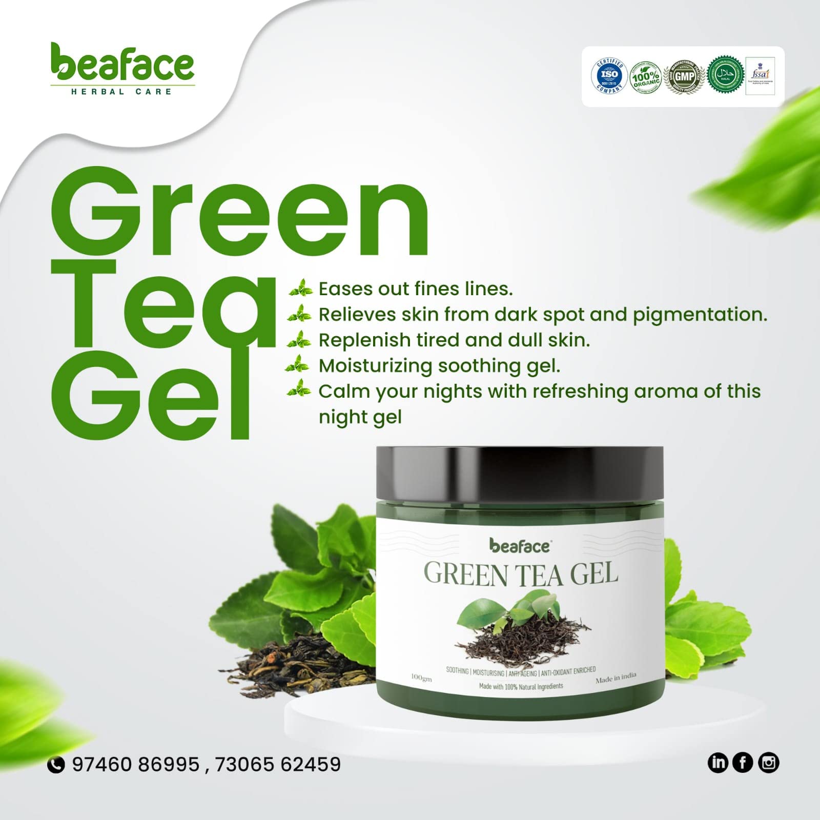 Beaface Green Tea & Aloe Vera Gel Combo Pack - 100g Each (2-Pack) | Hydrating Facial Treatment for Acne, Sunburn & Dry Skin | Perfect for Daily Skincare Routine