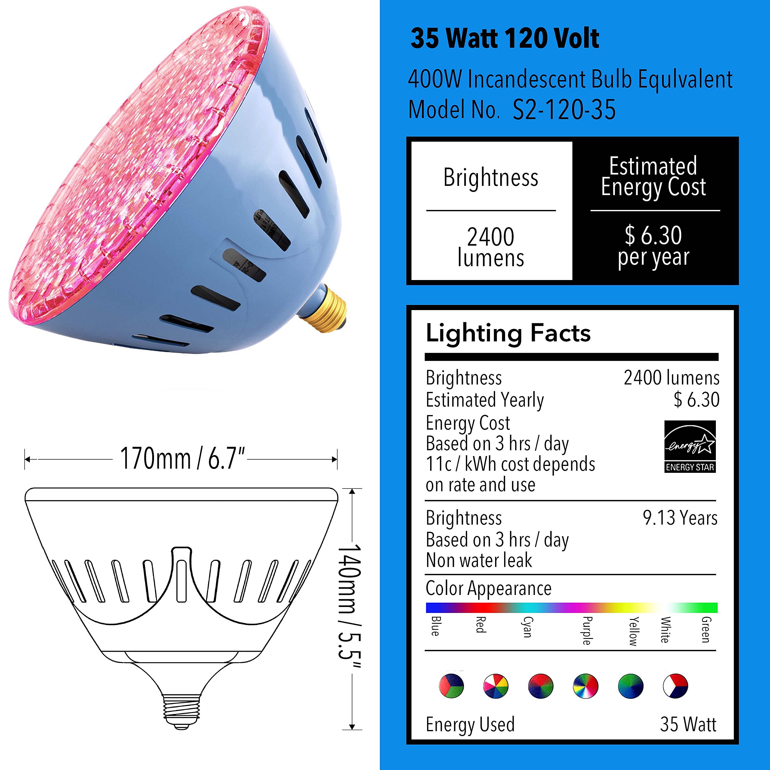 LAMPAOUS 35W RGB Color Changing LED Pool Light Bulb - Compatible with Pentair & Hayward Inground Pool Lights, 120V Underwater Lighting (2 Bulbs + SignalPro Control) - Perfect for Backyard Pools, Spas, and Water Features