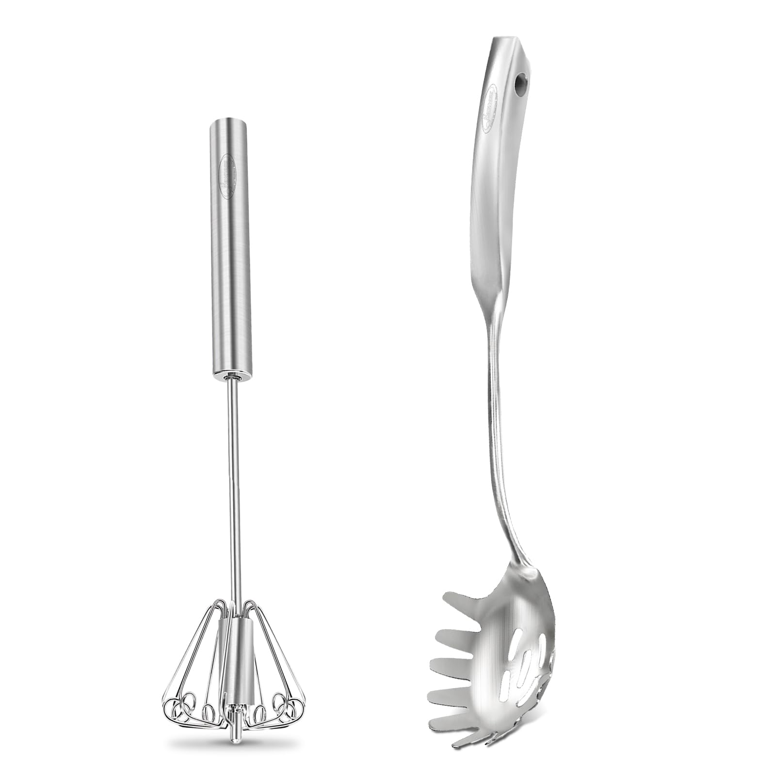Premium Stainless Steel Egg Whisk & Spaghetti Server Set - Durable Kitchen Utensils for Baking & Cooking - Easy Clean Metal Kitchen Tools - Perfect for Pasta Making, Cake Mixing & Food Serving