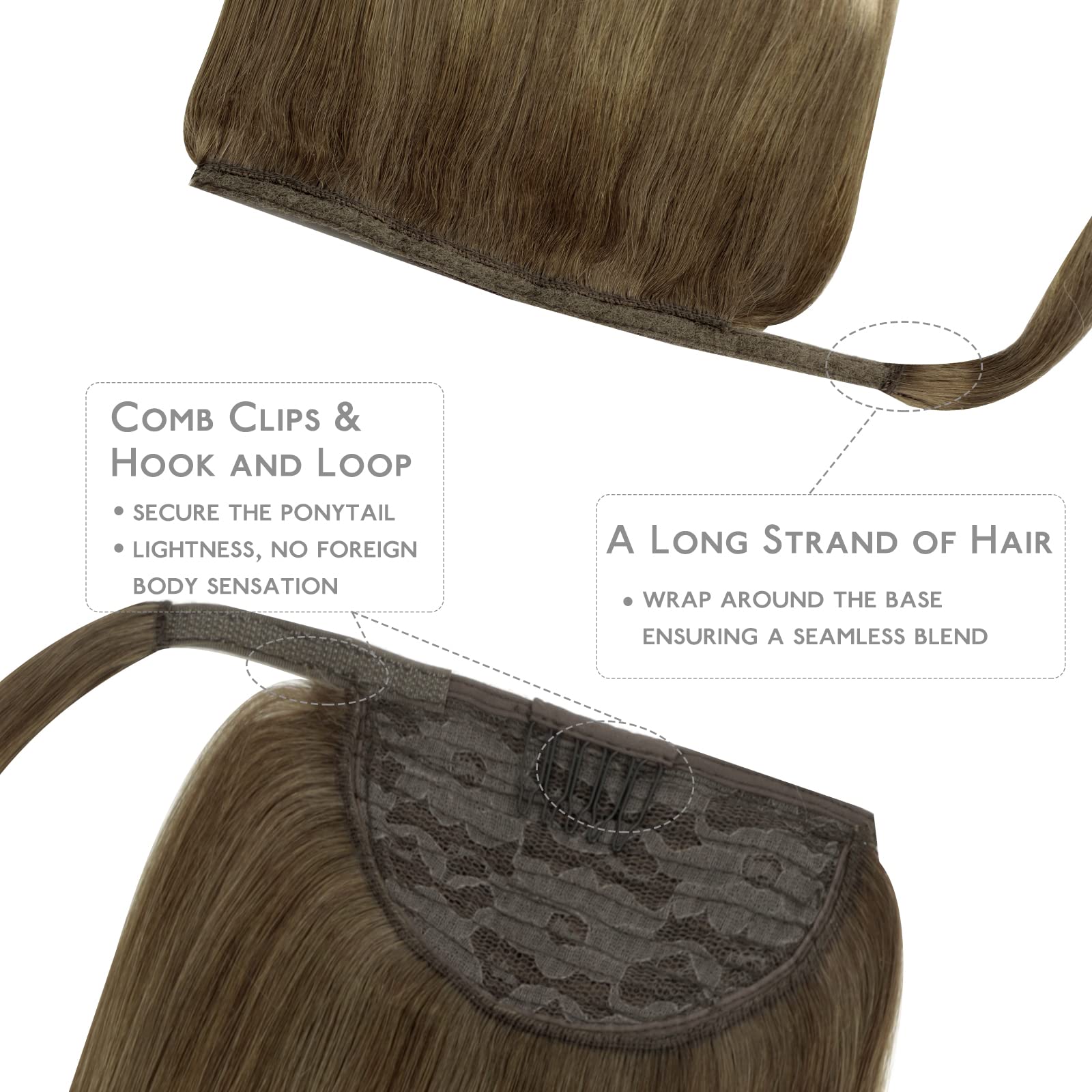 WENNALIFE 14 Inch Ponytail Hair Extension - 75g Human Hair Clip-in Wrap Around, Natural Walnut Brown to Ash Brown & Bleach Blonde, Remy Human Hair for Women | Perfect for Parties, Weddings & Daily Styling