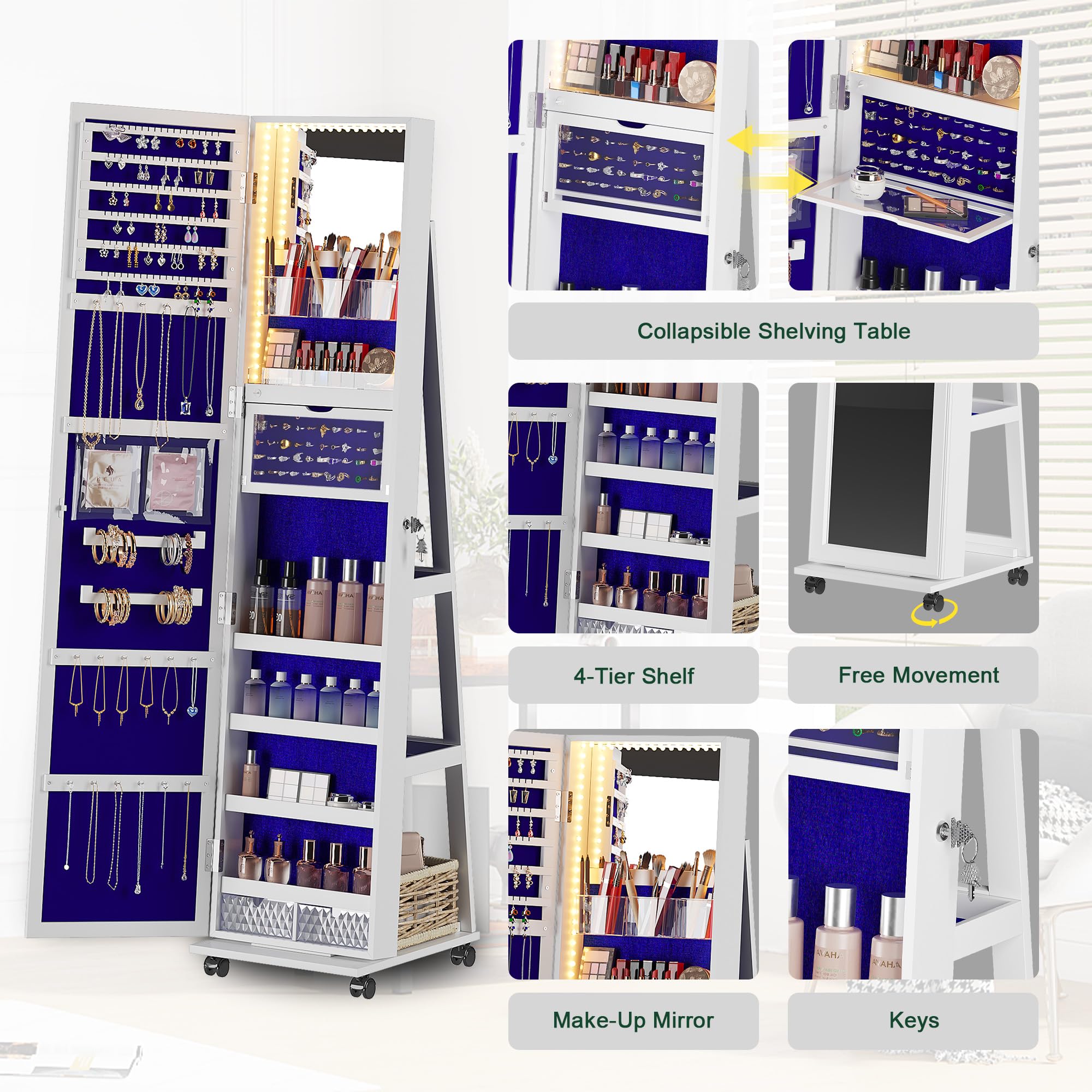 360° Rotating Jewelry Armoire with LED Lights & Lockable Cabinet - Full Length Mirror with Jewelry Storage - Large Jewelry Organizer with Wheels & Foldable Makeup Shelf (White) - Perfect for Bedroom, Dressing Room & Closet Organization