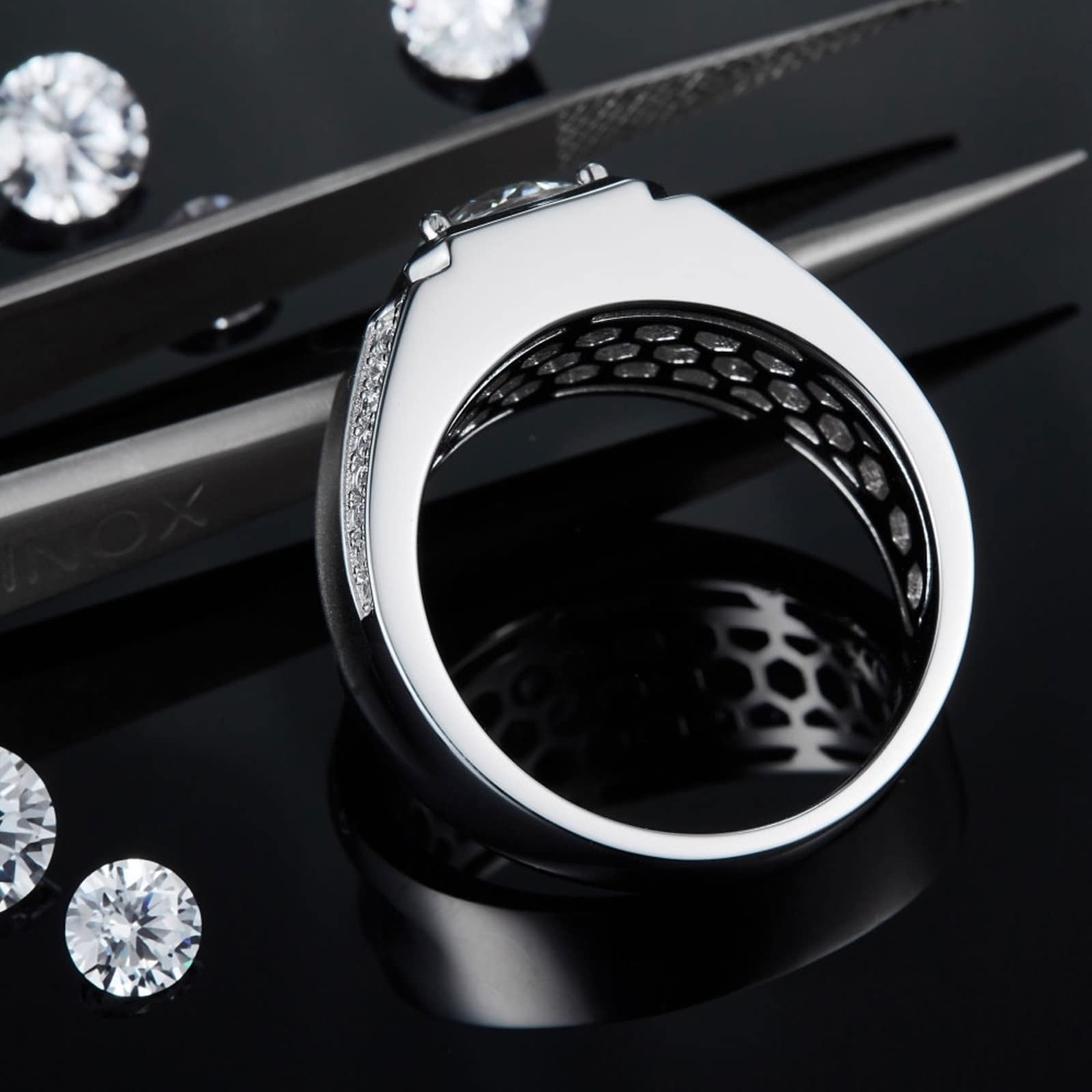 Sterling Silver Men's Wedding Band - Square Wide Ring with Zirconia, White Gold Plated for Men - Perfect for Engagement, Anniversary & Special Occasions