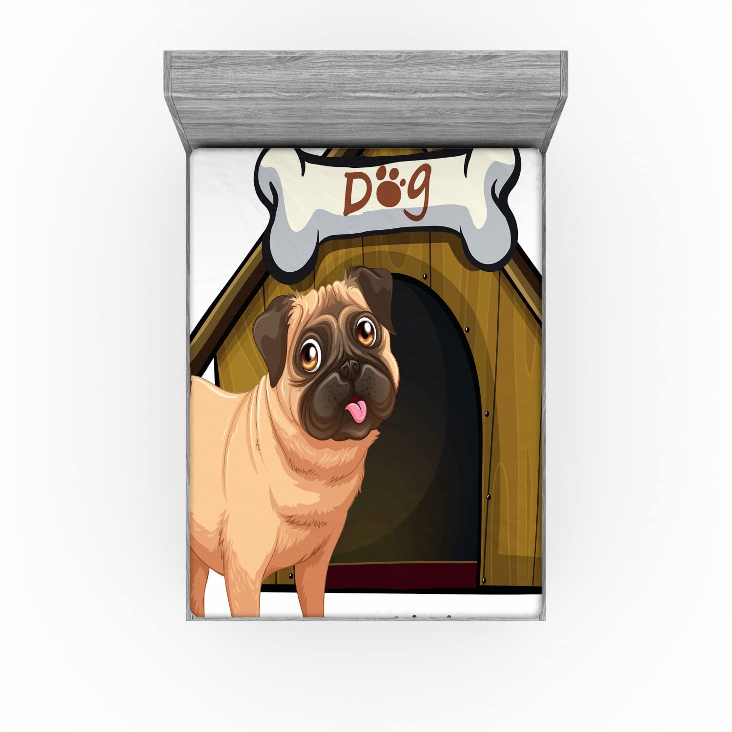 Ambesonne Pug Fitted Sheet - Full Size Dog House Design for Cozy Bedding
