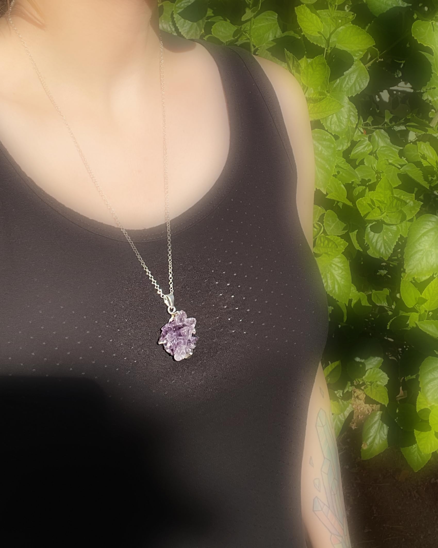 Large Amethyst Crystal Pendant Silver Necklace | Amethyst Flower Silver Jewelry | February Birthstone Gift for Women & Men | Layering Necklace for Everyday Wear & Special Occasions
