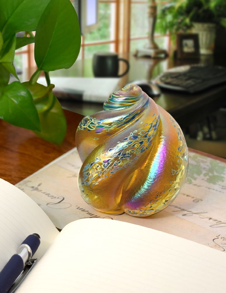 Handcrafted American Made Nautical Swirl Blown Glass Paperweight Sculpture in Topaz Gold - Perfect for Office Desk, Home Decor, and Gift Giving