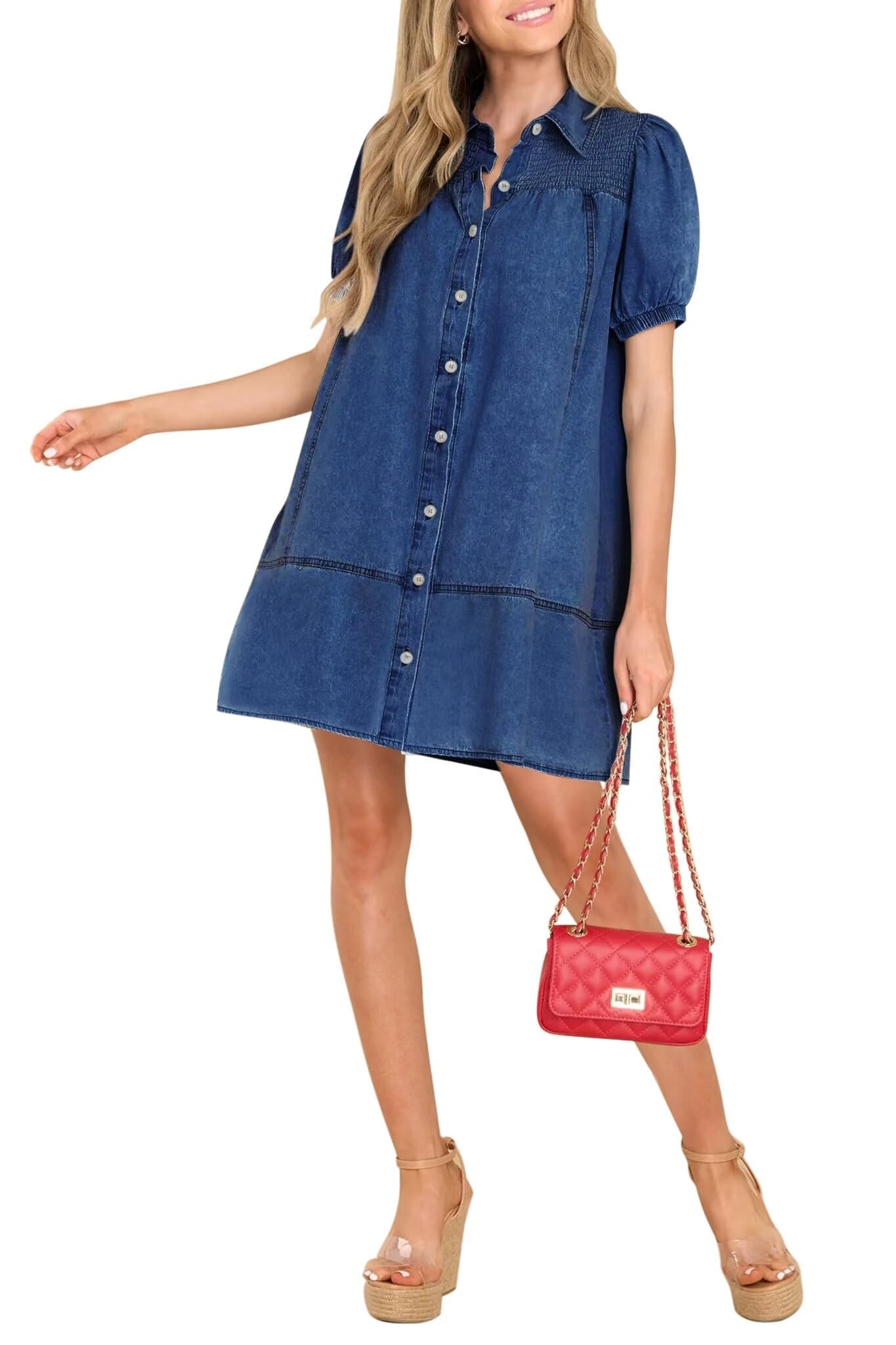 Women's KDF Denim Babydoll Shirt Dress - 2024 Summer Jean Dress for Casual Outings, Beach Wear & Date Nights