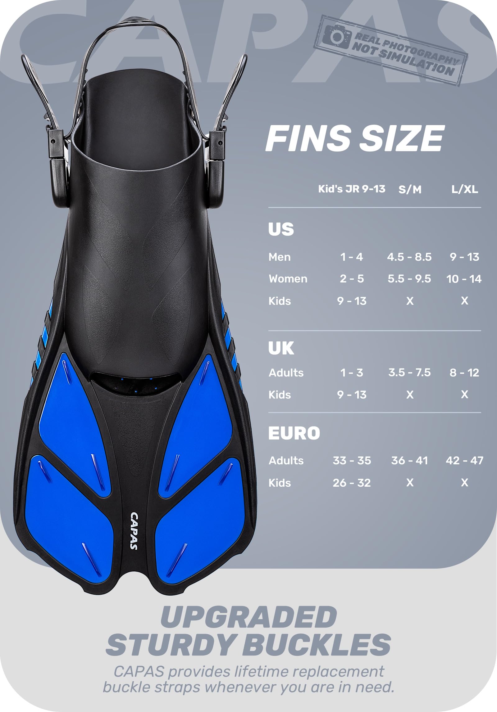 **CAPAS Snorkel Fins - Adjustable Travel Size Swim Fins for Adults, Men, Women & Kids - Open Heel Diving Flippers for Snorkeling, Swimming & Beach Vacations**