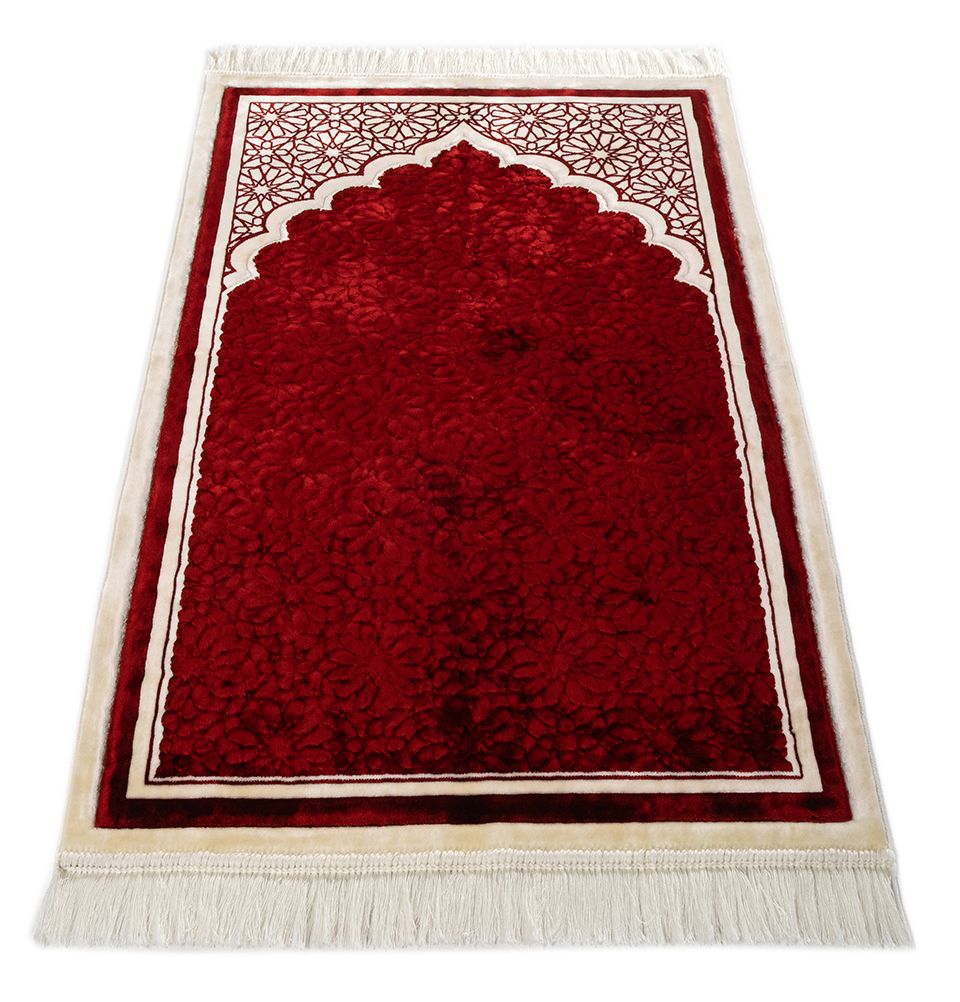 Premium Hidaya Plush Islamic Prayer Rug - Soft Red Prayer Mat for Home & Mosque - Perfect for Daily Salah, Jummah Prayers, and Ramadan Worship