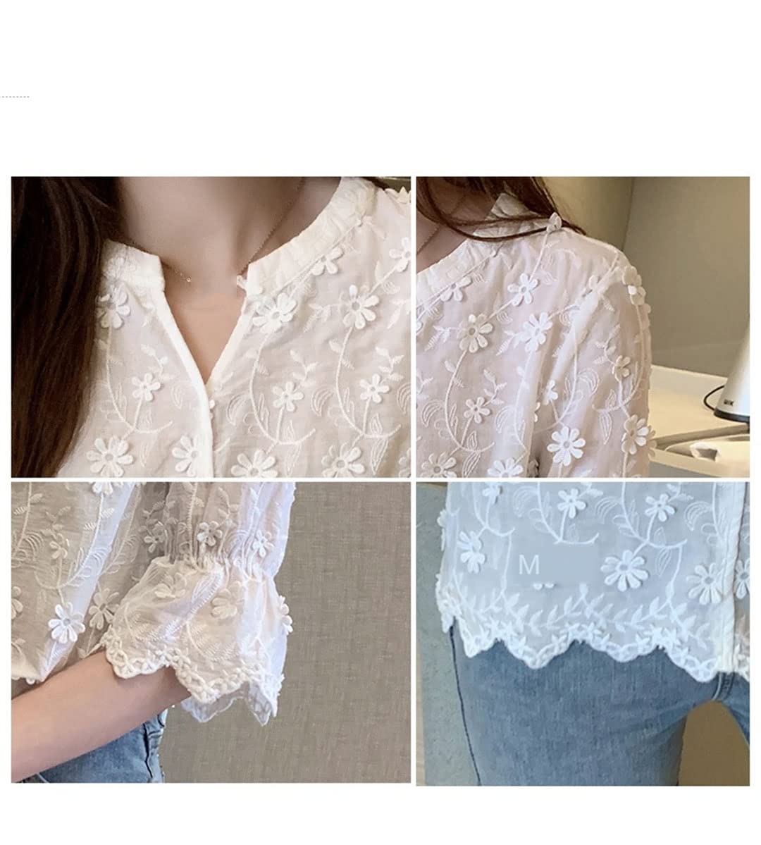 Women's Crochet V-Neck 3/4 Sleeve Boho Blouse with 3D Floral Embroidery - Loose Fit Casual Tunic Top (White, Size M) | Perfect for Beach Vacations, Summer Outings & Boho-Chic Fashion