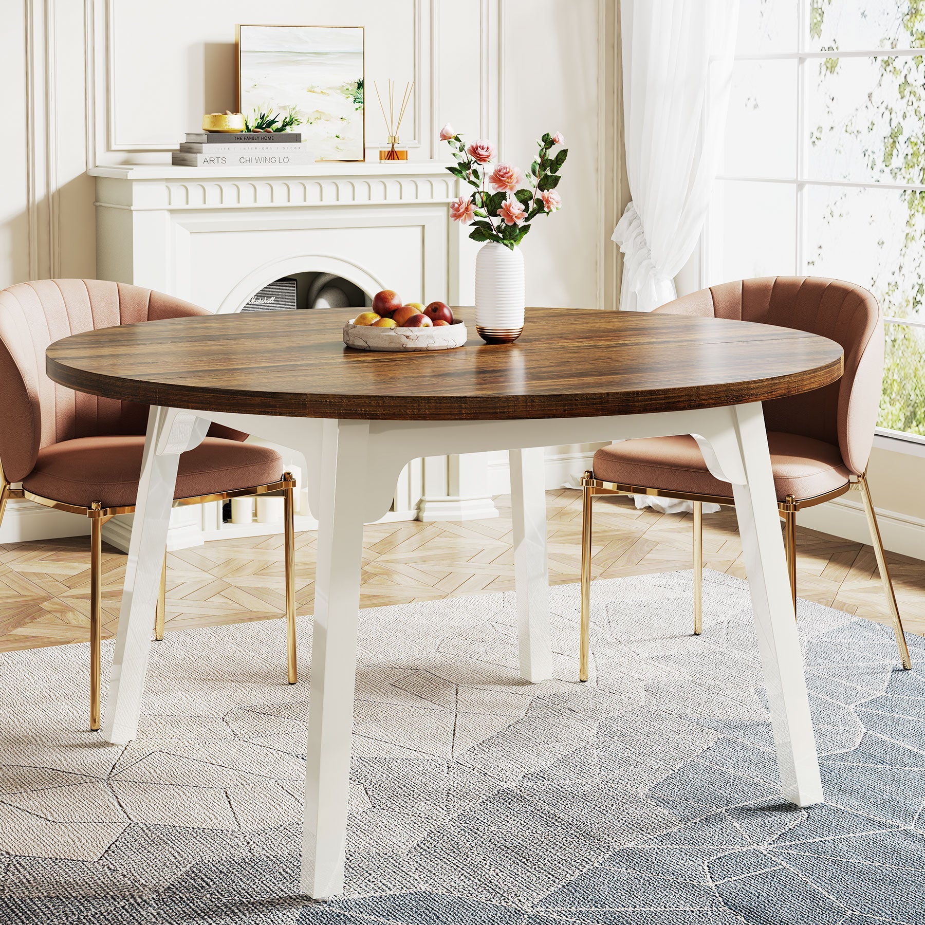 47 Inch Round Farmhouse Dining Table - Solid Wood Kitchen Table for 4-6 People | Perfect for Family Meals, Dinner Parties & Small Space Dining Rooms