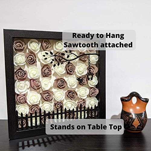 Handmade Rose Flower Shadow Box in Glass with Garden Design - 9x9 Inch Home Décor Wall Art - Ready to Hang Unique Gift (Coffee & Cream) - Perfect for Living Room, Bedroom & Wedding Decor