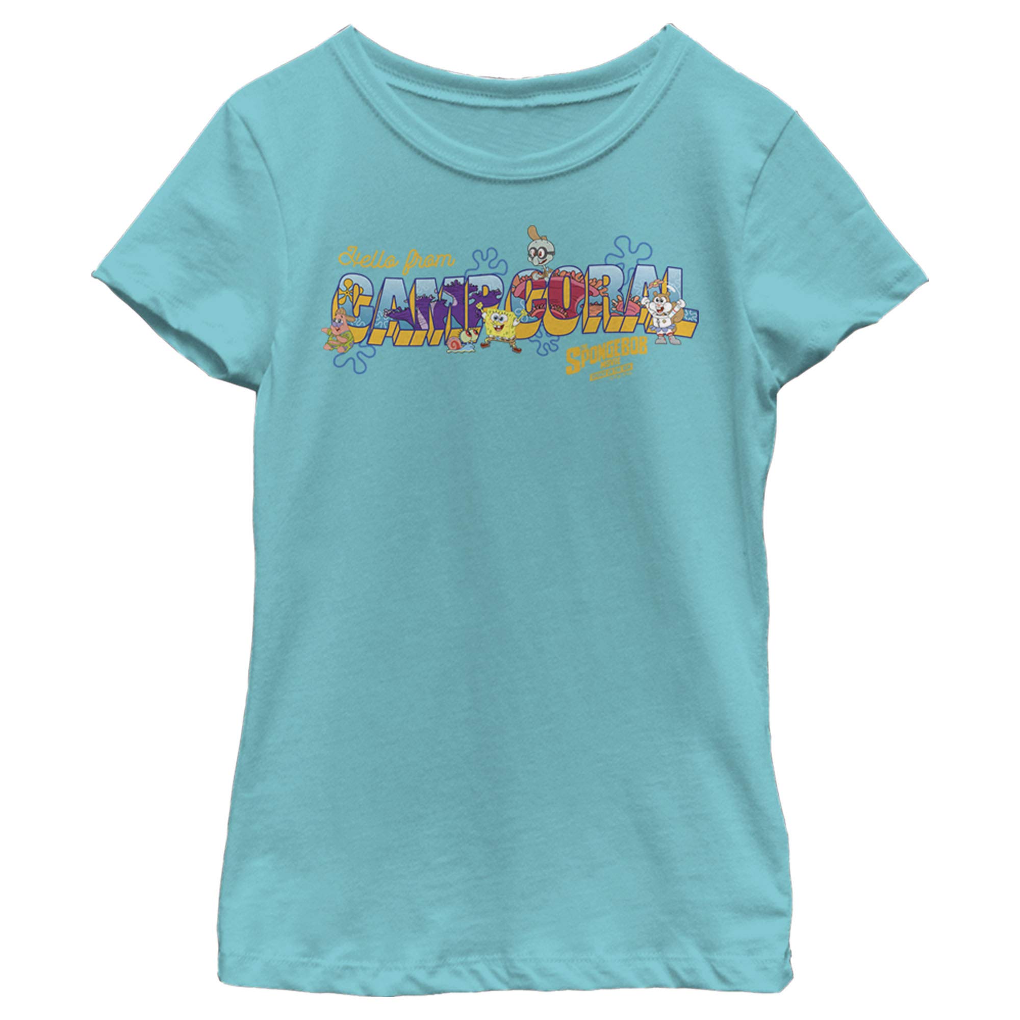 SpongeBob SquarePants Camp Coral Graphic Short Sleeve Tee Shirt for Girls - Cute Cartoon Summer T-Shirt for Kids, Beach Outing & Playdate Outfit