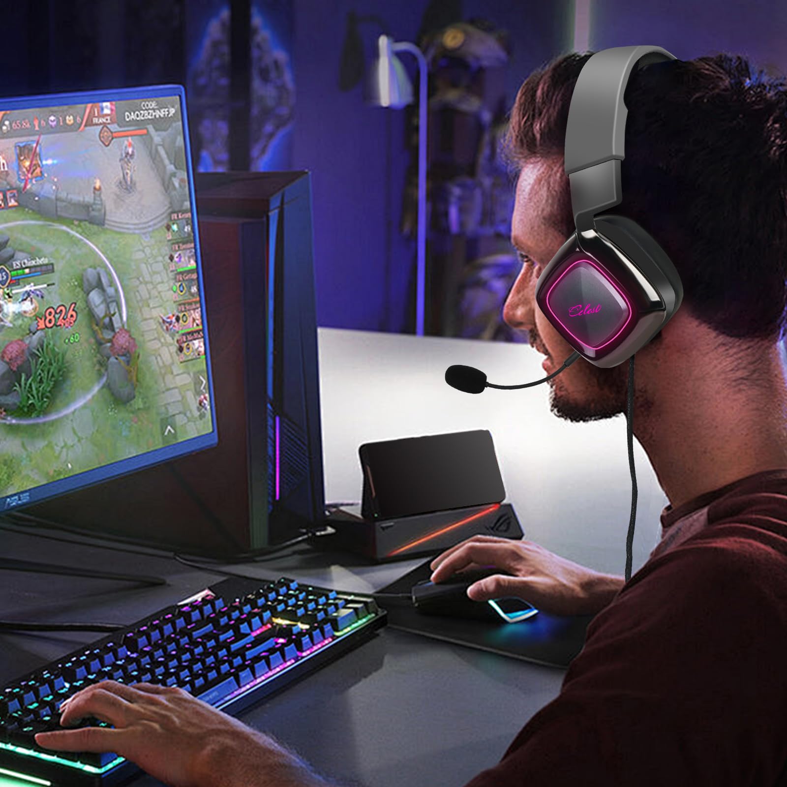QOA Kinera Gaming Headset with Microphone - 7.1 Surround Sound Wired Over-Ear Headphones for PC, Xbox, PS4, PS5, Switch - Soft Ear Pads & Cool LED Lights - Perfect for Competitive Gaming & Streaming