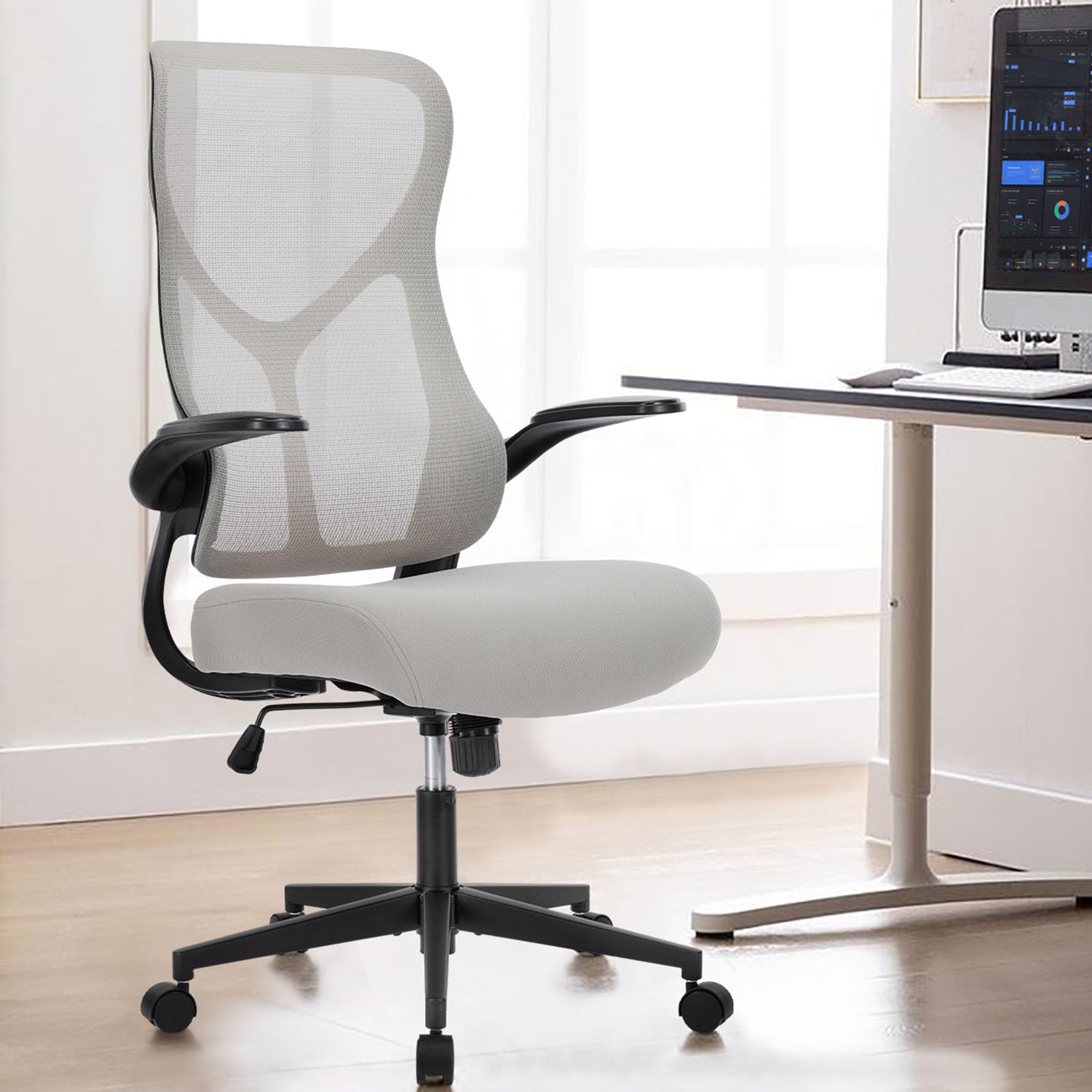 Ergonomic High Back Office Chair with Lumbar Support - Adjustable Mesh Computer Gaming Chair with Flip-Up Arms, 360° Wheels & 120° Tilt - Grey | Perfect for Home Office, Gaming Setup & Workstation Comfort