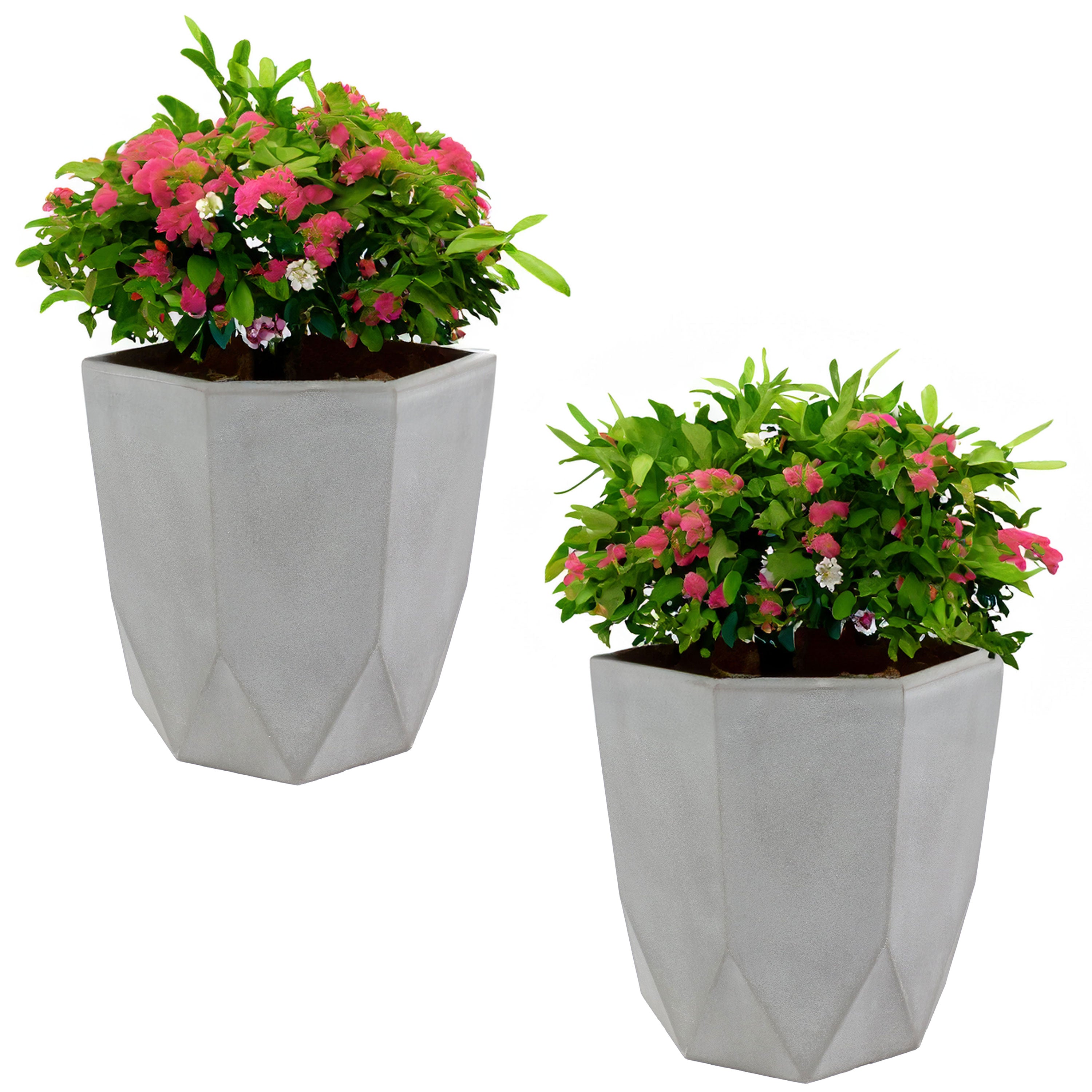 Modern Faceted Polyresin Planter - Light Gray Indoor/Outdoor Flower Pot - 14.75 Inch Decorative Garden Planter for Home, Patio, and Office Decor