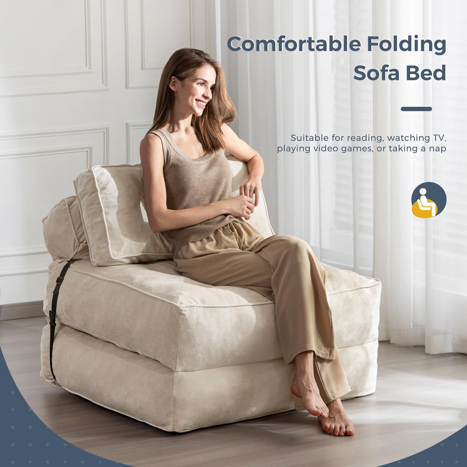 MAXYOYO Folding Sofa Bed - Velvet Convertible Sleeper Chair with Pillow, Portable Fold Out Guest Bed in Beige | Perfect for Small Spaces, Apartments & Overnight Guests
