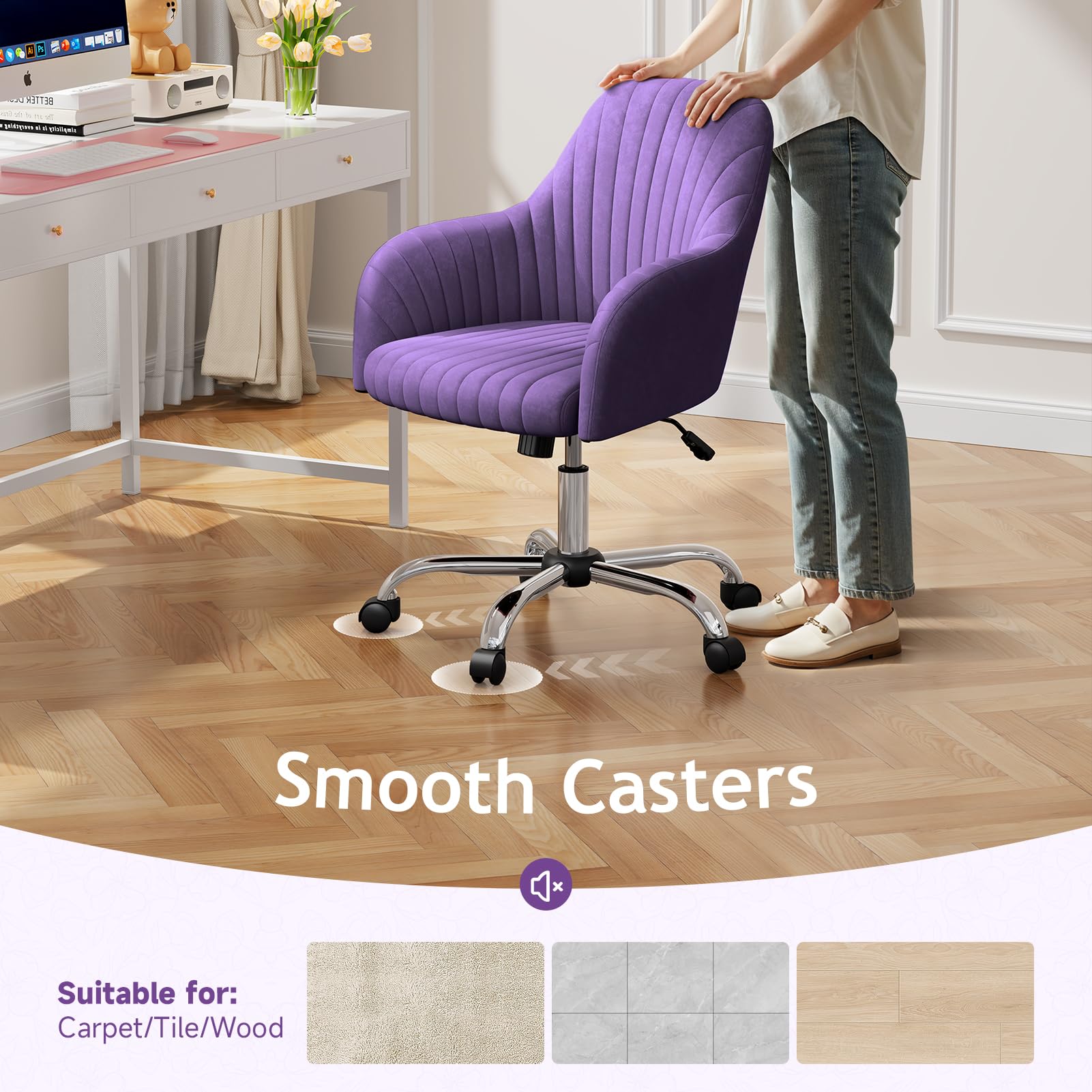 Velvet Desk Chair for Home Office - Adjustable Swivel Task Chair with Armrests, Modern Computer Vanity Chair for Bedroom, Living Room & Makeup Room (Purple) - Perfect for Remote Work, Gaming & Study Sessions