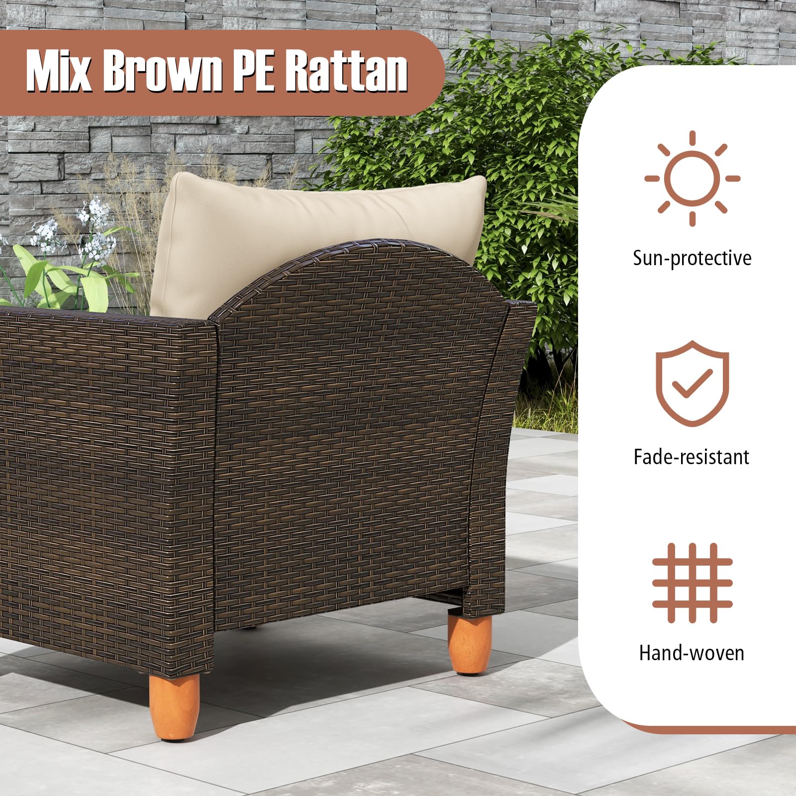 Tangkula 3-Piece Outdoor Patio Furniture Set - PE Wicker Bistro Set with Acacia Wood Frame & Soft Cushions - Perfect for Porch, Balcony, Garden & Backyard Relaxation (Beige)