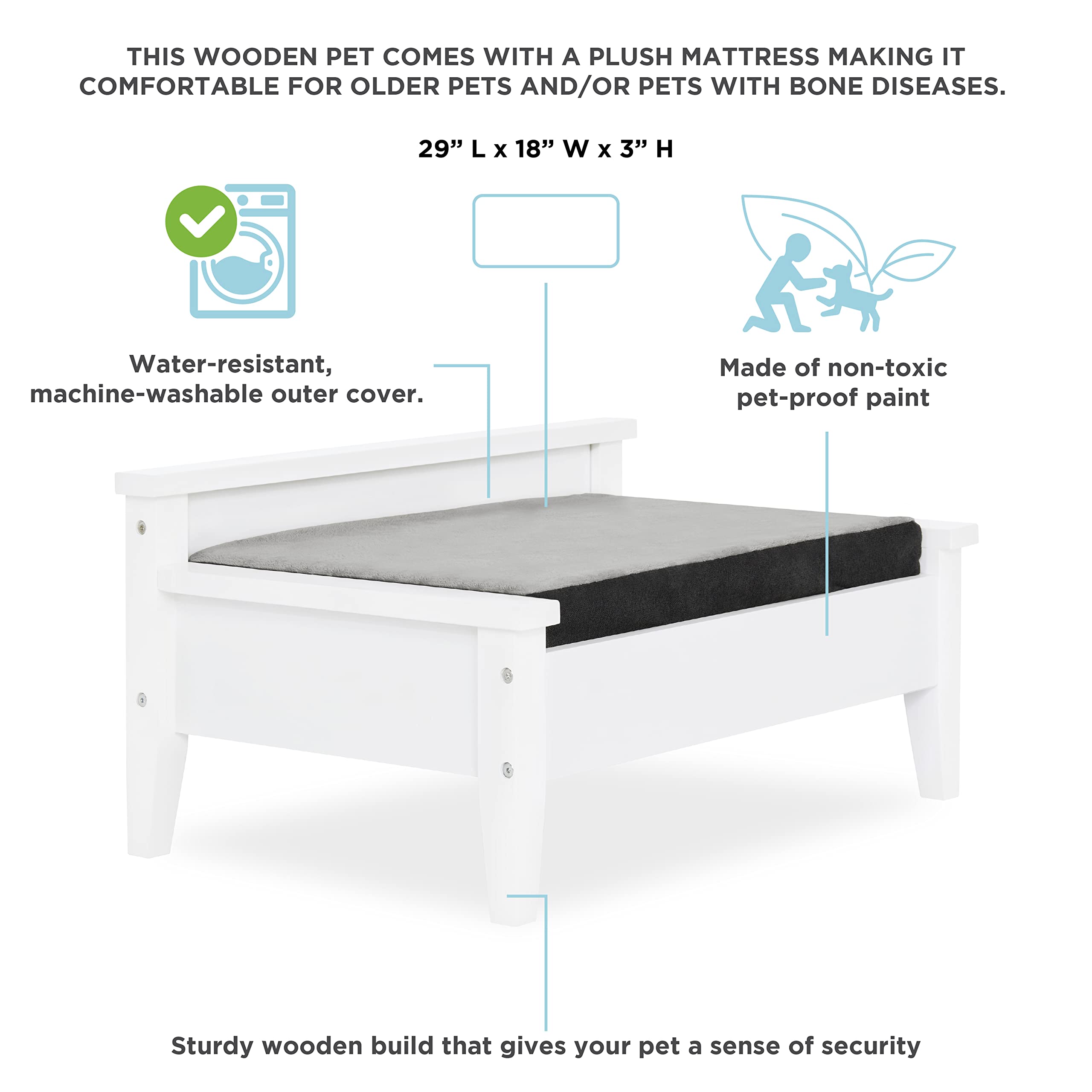 Elevated Wooden Dog Bed for Small to Medium Pets - Water-Resistant Calming Mattress, Greenguard Gold Certified Modern Dog Couch (Winston, White) - Perfect for Indoor Use in Living Room or Bedroom