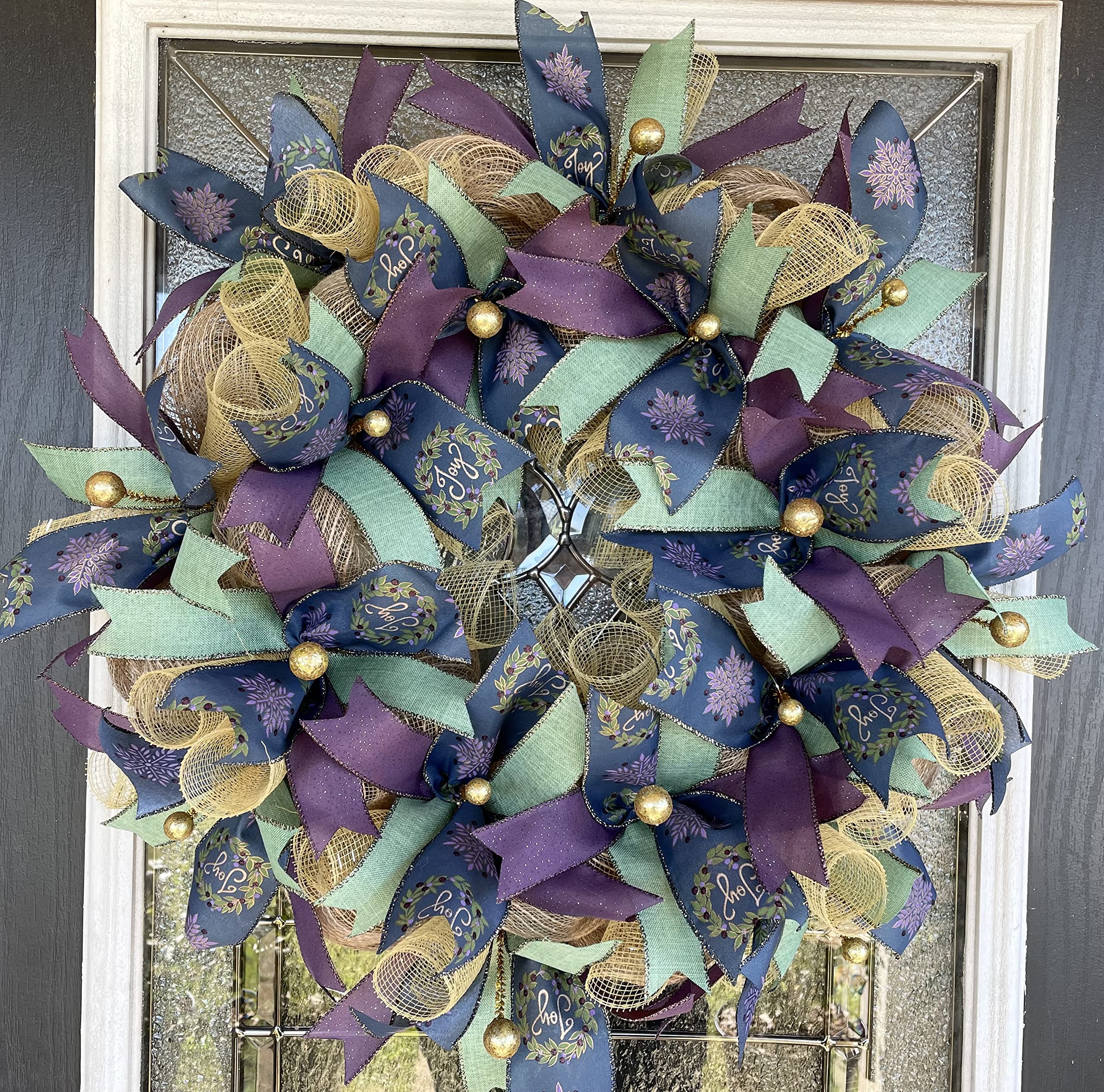 Elegant Joy Blue and Purple Christmas Deco Mesh Wreath for Front Door - Porch, Patio & Entryway Holiday Decor - Perfect for Winter Parties & Family Gatherings