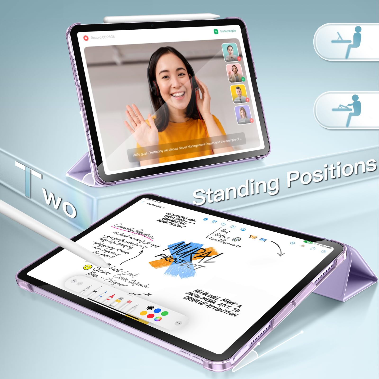 JETech Slim Stand Hard Back Shell Cover for iPad Air 11-Inch M3/M2 (2025/2024) & iPad Air 5 (2022 5th Generation 10.9-Inch) | Auto Wake/Sleep Protective Case in Light Purple | Perfect for Work, Travel & Home Use