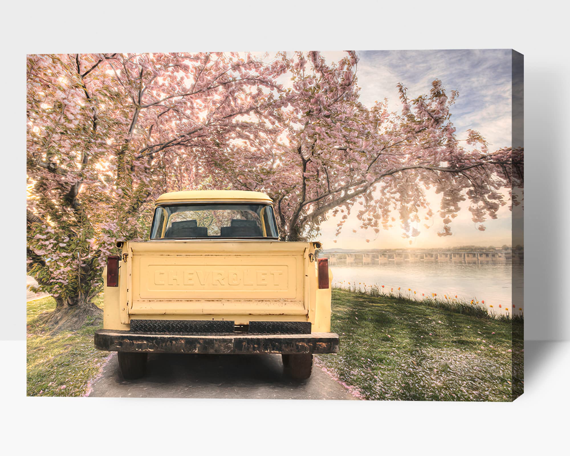 TIMUBA Yellow Truck Wall Art Canvas - Farmhouse Decor Paintings for Living Room, Bedroom & Bathroom - Rustic Country Landscape with Cherry Blossom Sunset - 28x40 Inch Home Decoration - Perfect for Western Style, Vintage & Cottage Interior Design