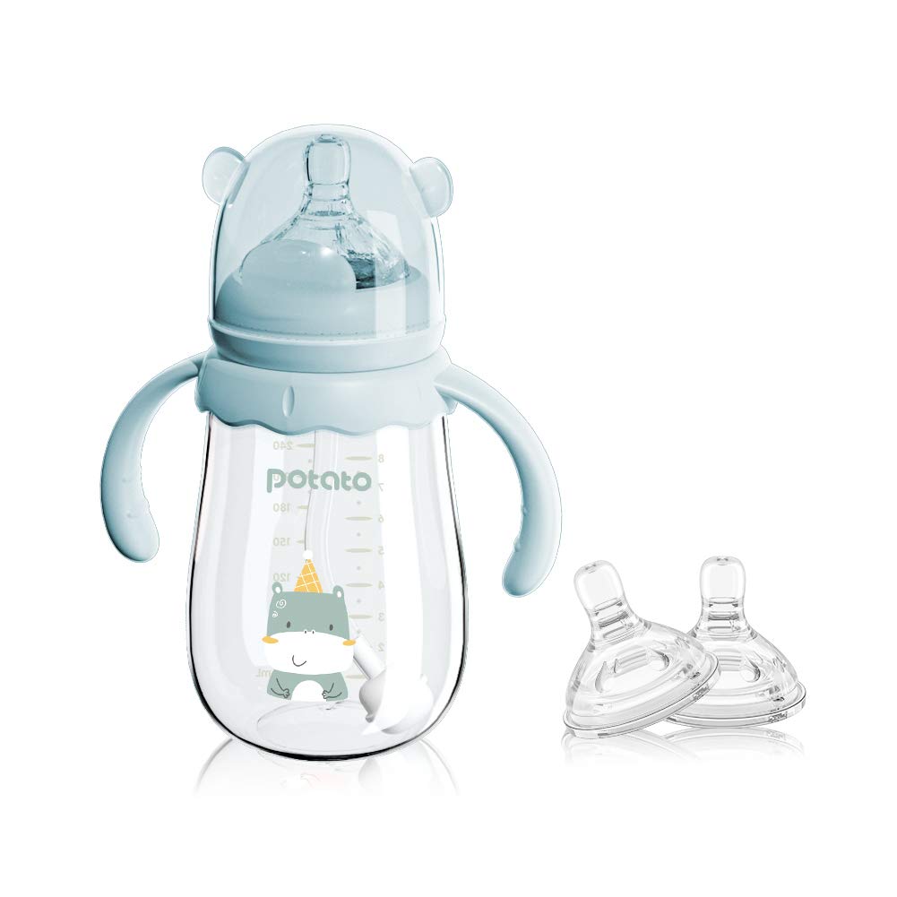 POTATO Glass Baby Bottles for Breastfeeding - Anti-Colic with Fast Flow Nipple for Babies 6-12 Months - 8 oz BPA-Free Bottle with 2 Replaceable Nipples - Perfect for Daycare, Travel & Night Feeding (Blue)