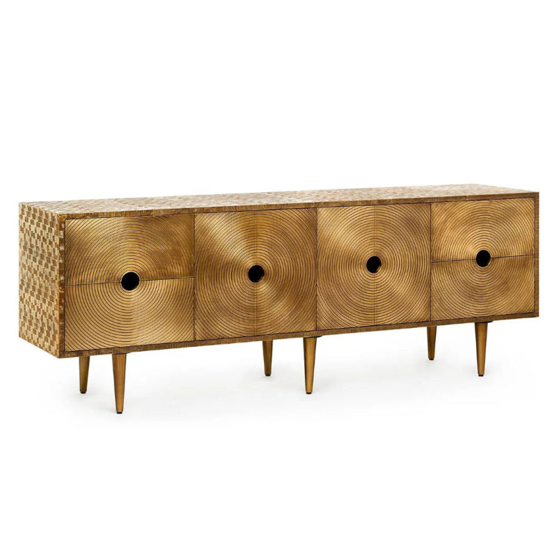 Handmade Embossed Brass Metal Sideboard Buffet Table with 4 Doors - Vintage Home Decor for Dining Room, Living Room & Entryway Storage