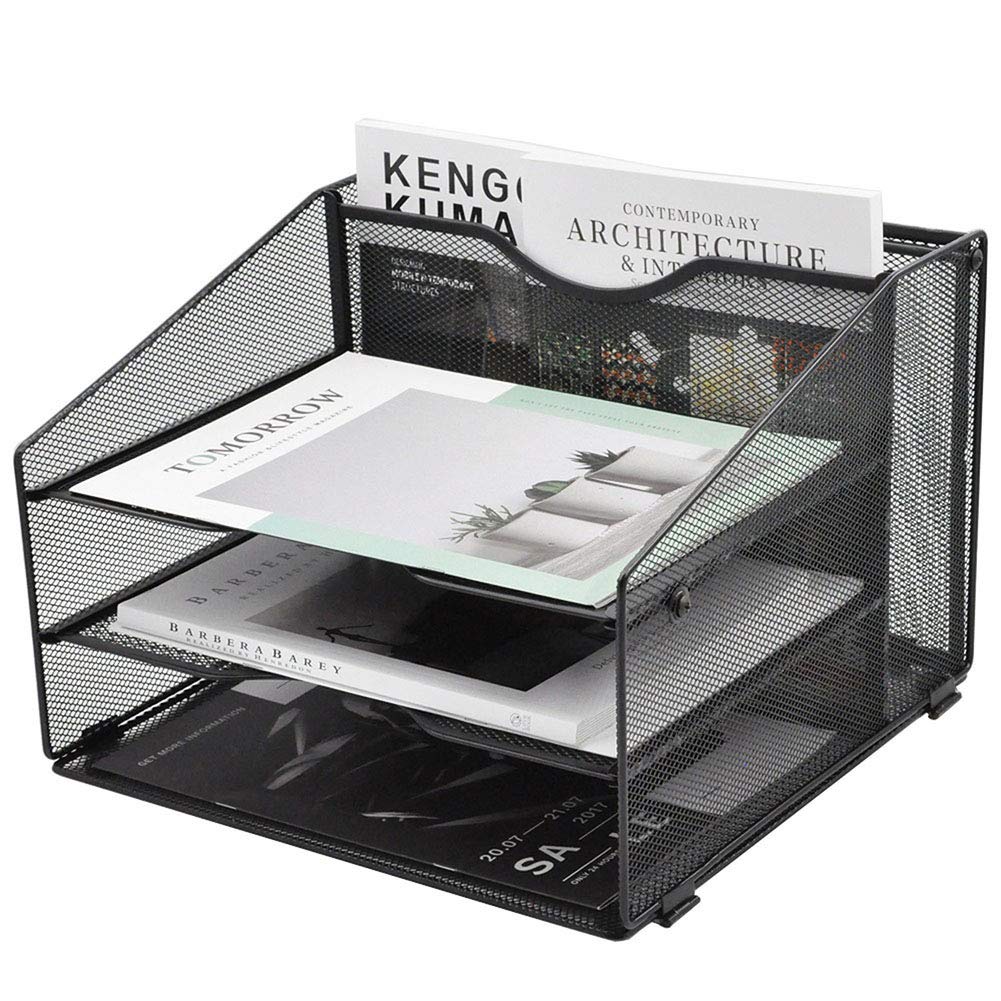 EASEPRES Mesh File Organizer for Office Desk - 3-Tier Paper Letter Tray with Vertical Upright Compartment - Black Desktop File Folder Holder for Documents, Bills, and Office Supplies - Perfect for Home Office, School, and Workspace Organization