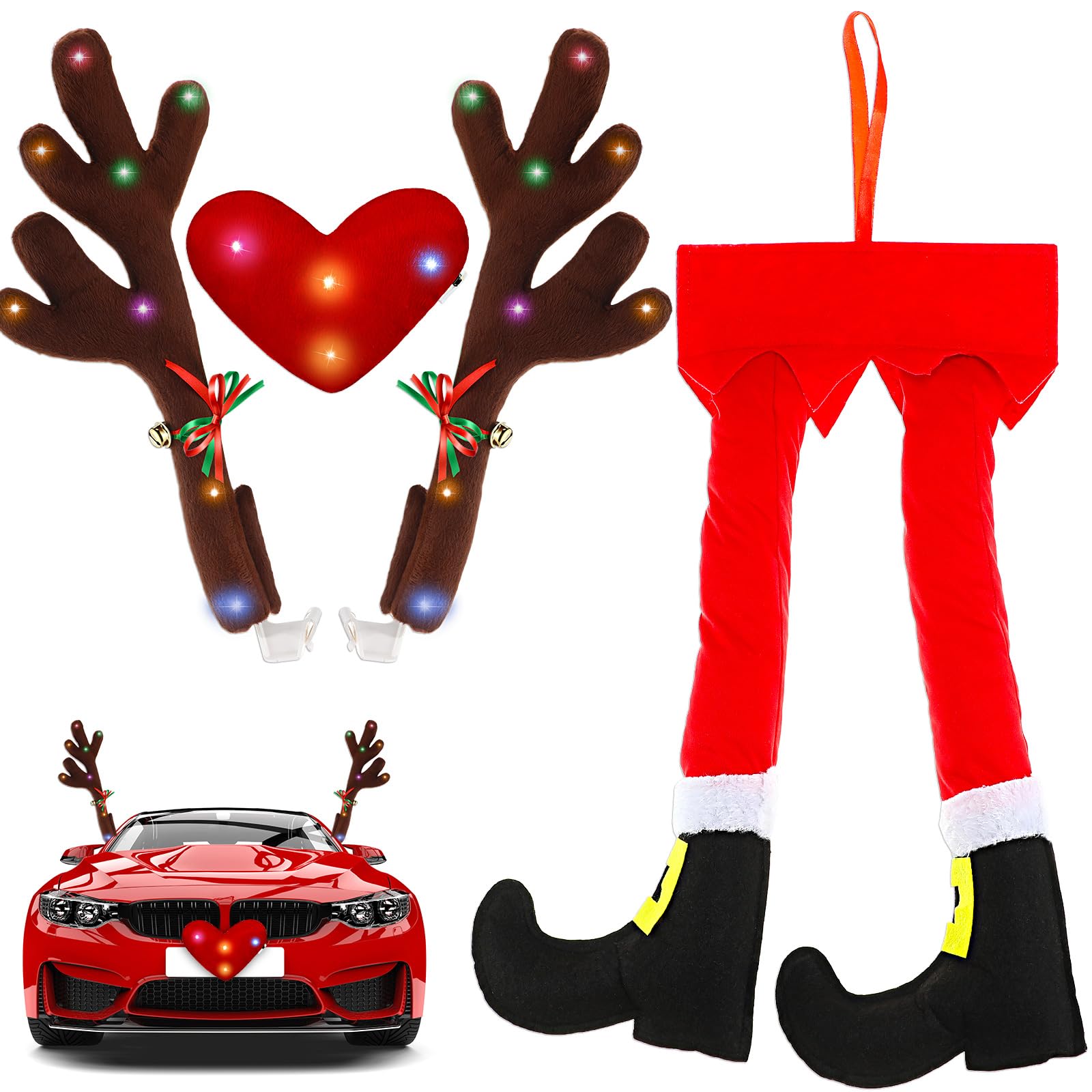 Frienda 2 Pcs Car Reindeer Antler Kit with LED Lights - Christmas Car Decorations Auto Accessories, Hanging Santa Claus Legs, Deer Nose & Star Candy Canes for Holiday Parties, Parades & Festive Road Trips