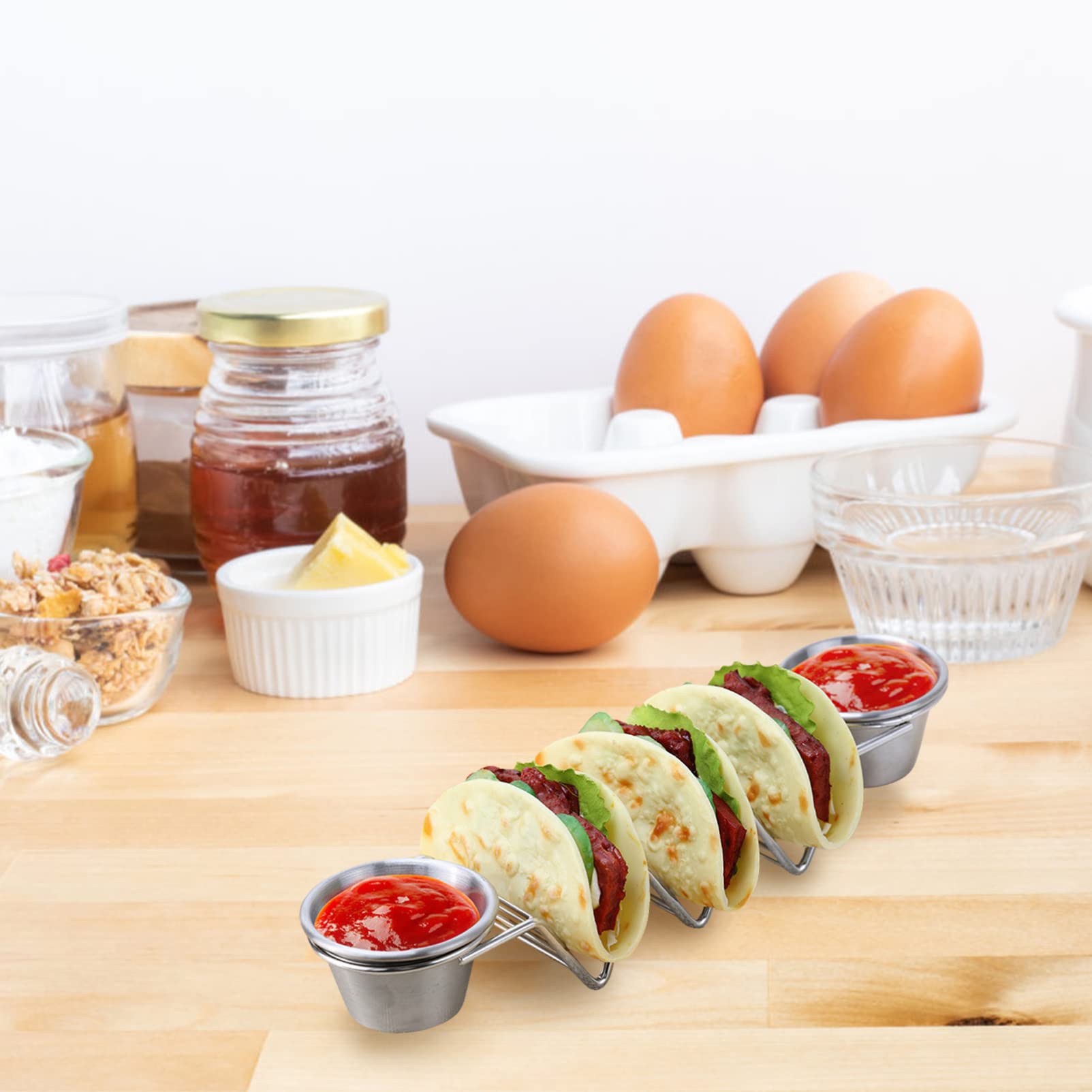 Stainless Steel Pancake Stand with Sauce Cups - Commercial Bakery & Kitchen Storage Rack for Pancakes, Tacos & Waffles - Perfect for Restaurants, Cafes & Home Breakfast Buffets