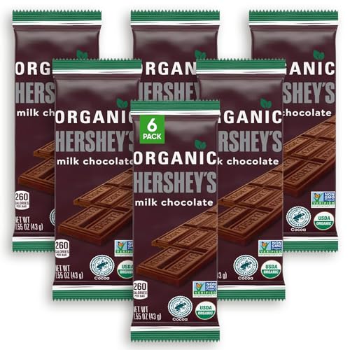 Hershey's Organic Milk Chocolate Bars - 6 Pack of 1.55oz Individually Wrapped Snacks - Gluten-Free, Non-GMO Candy Bars for Kids & Adults - Perfect for Lunchboxes, Office Snacks, Holiday Gifts & Party Favors - Rich Milk Chocolate Flavor for Everyday Treats & Special Occasions