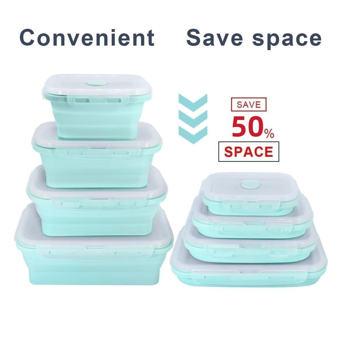 BJ Collapsible Food Storage Containers with Lids - 4-Piece Rectangle BPA-Free Meal Prep Bowls Set | Space-Saving Stackable Design for Camping, RV Travel & Home Kitchen Organization | Dishwasher Safe & Leak-Proof Blue Containers