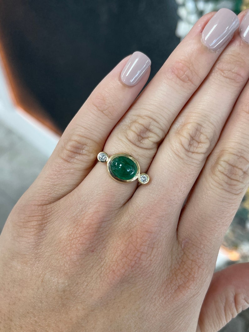 4.50tcw 14K Gold Oval Dark Green Emerald Cabochon & Diamond Accent Three Stone Ring for Women - Elegant Jewelry Gift for Anniversary, Engagement, or Special Occasion