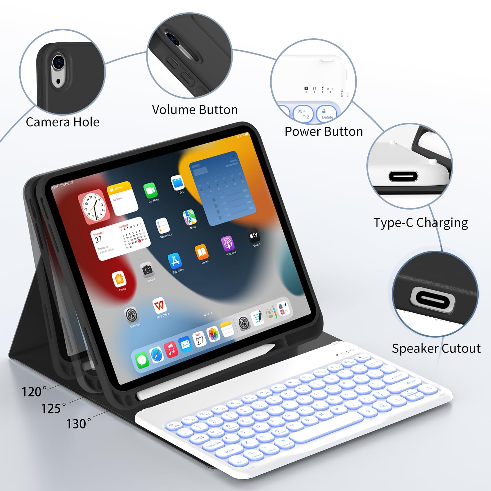 JKSML Bluetooth Backlit Keyboard Case for 11-inch iPad Pro (A16, 11th Gen 2025) & 10.9-inch iPad 10th Gen 2022 - 7 Color Backlight, Round Keys, Pencil Holder & Soft Silicone Cover (Black) | Perfect for Work, Study & Creative Projects