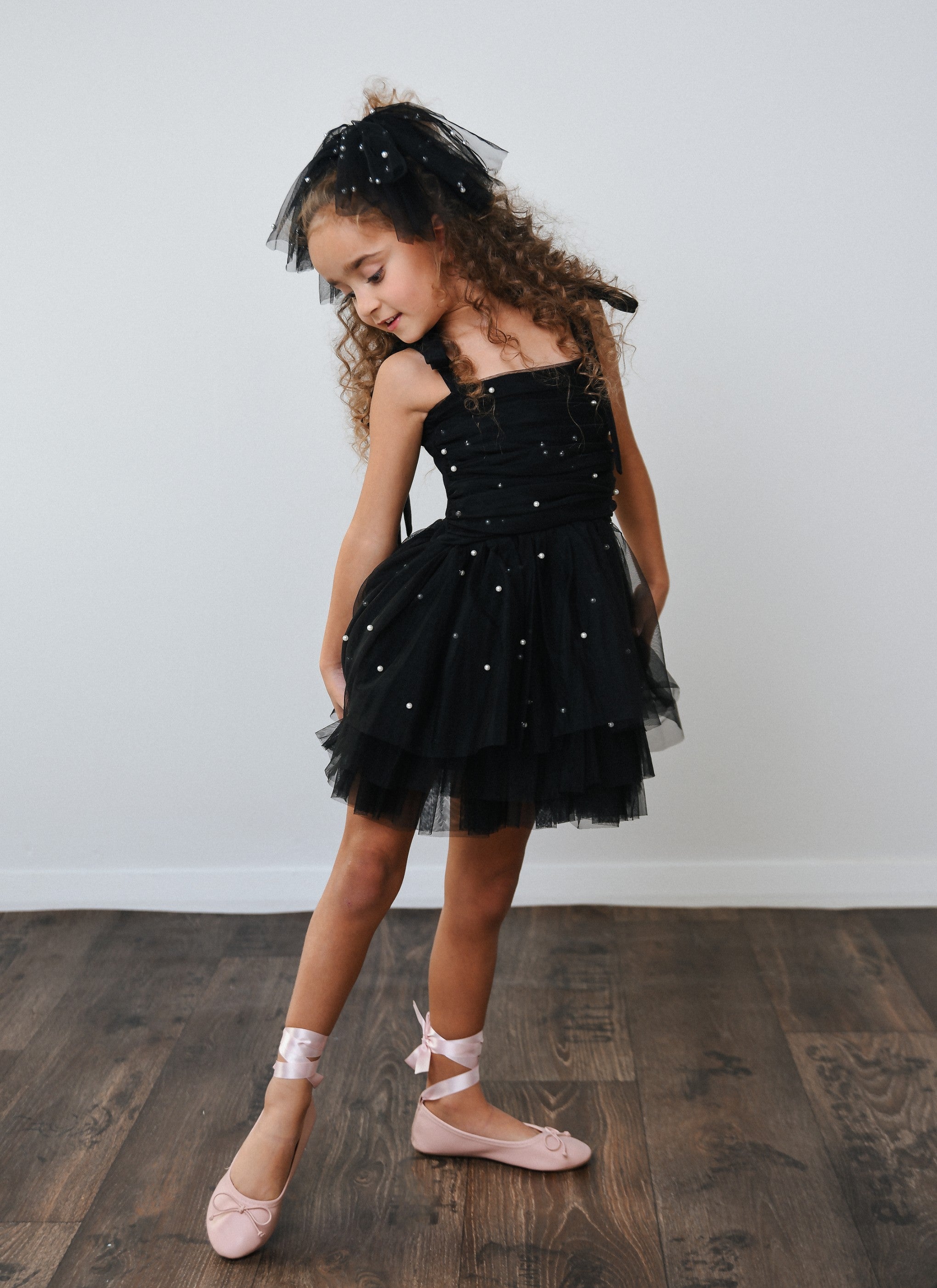 Elegant Black Pearl Tulle Ballerina Dress for Girls - Perfect for Birthday Parties, Dance Performances & Special Occasions