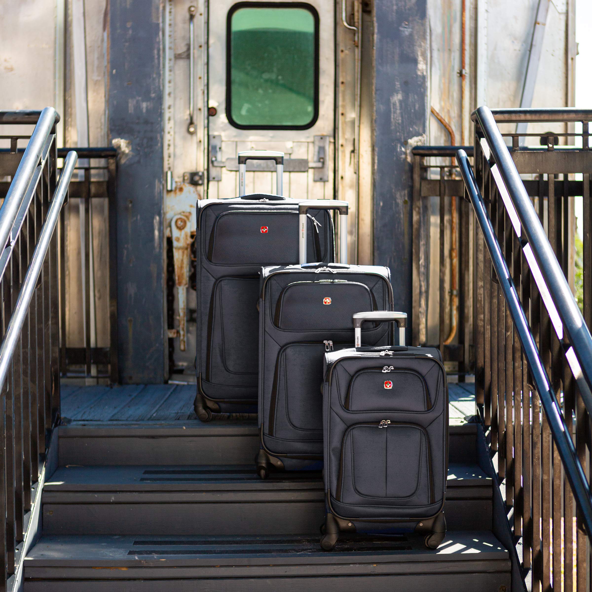 SwissGear Sion Softside Expandable Carry-On Luggage 21 Inch - Lightweight Durable Hardshell Suitcase with Spinner Wheels, TSA Lock & USB Port (Dark Grey) - Perfect for Air Travel, Business Trips & Weekend Getaways