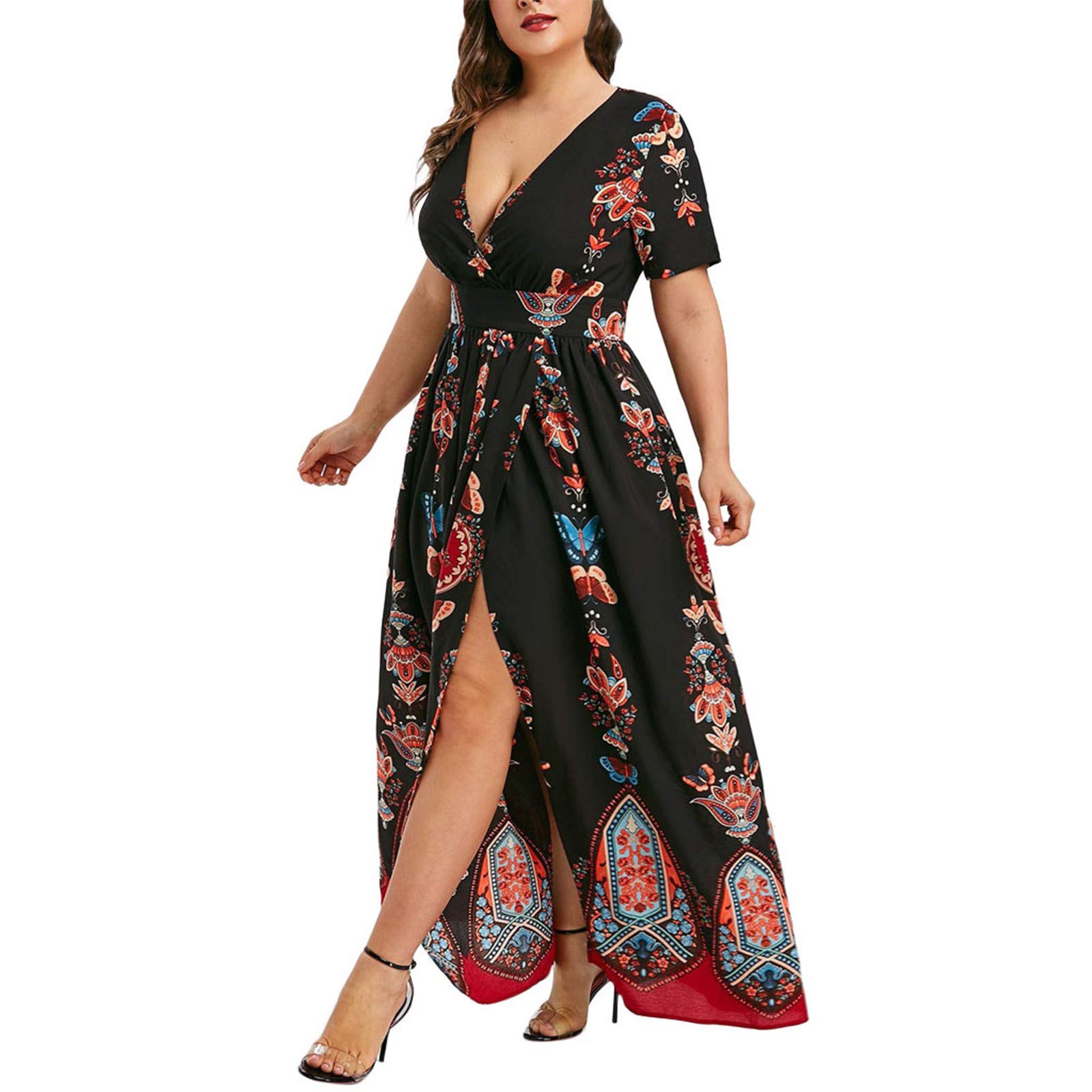 Koippimel Plus Size Maxi Dresses for Women - Floral Printed Bohemian Summer Wedding Guest Dress, Long Prom Cocktail Sundress - Perfect for Beach Parties, Garden Weddings & Vacation Outfits