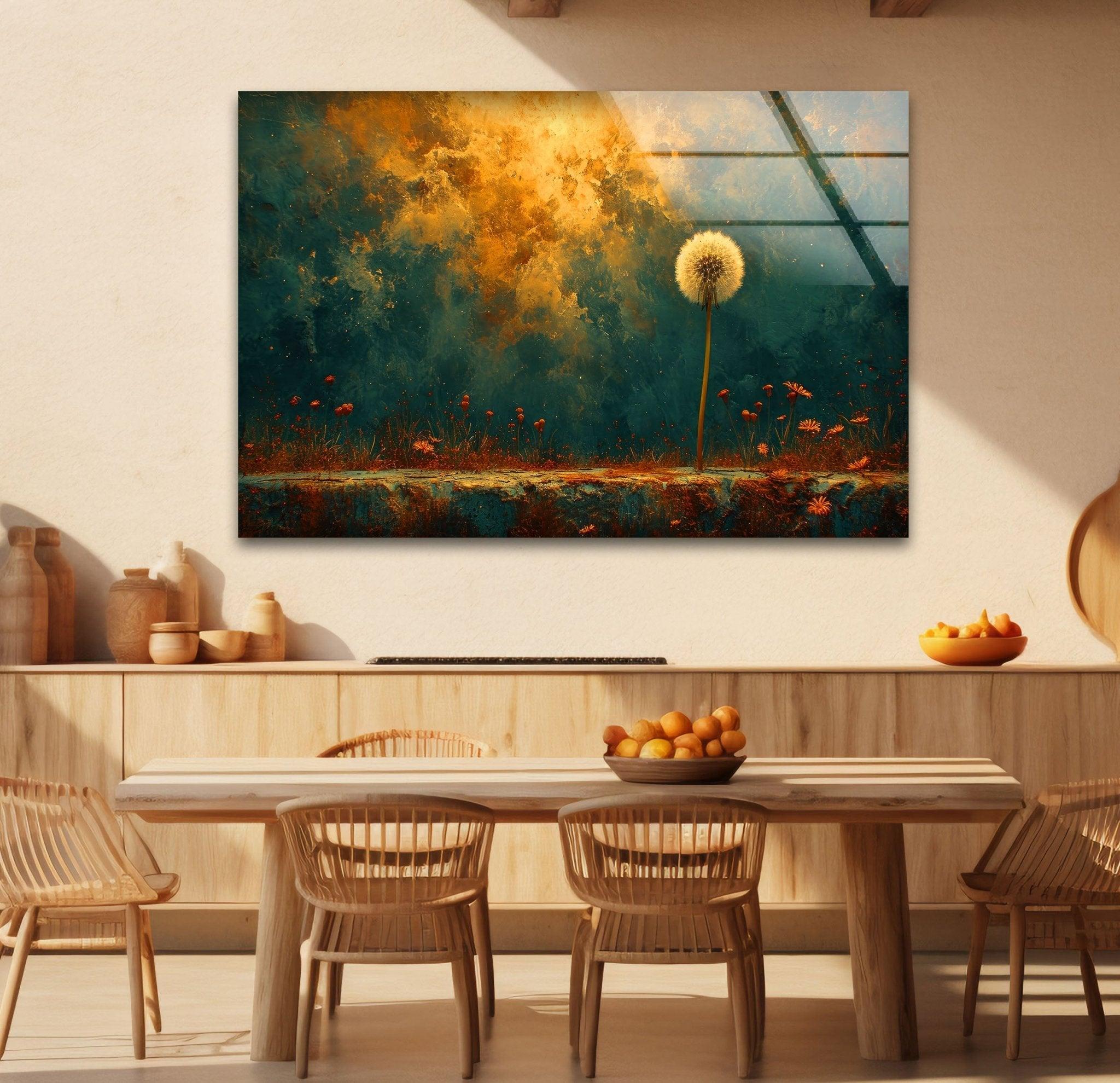 Abstract Dandelion Glass Wall Art - Handmade Modern Home Decor for Living Room, Bedroom & Office - Unique Glass Wall Hanging for Boho, Contemporary Interior Design