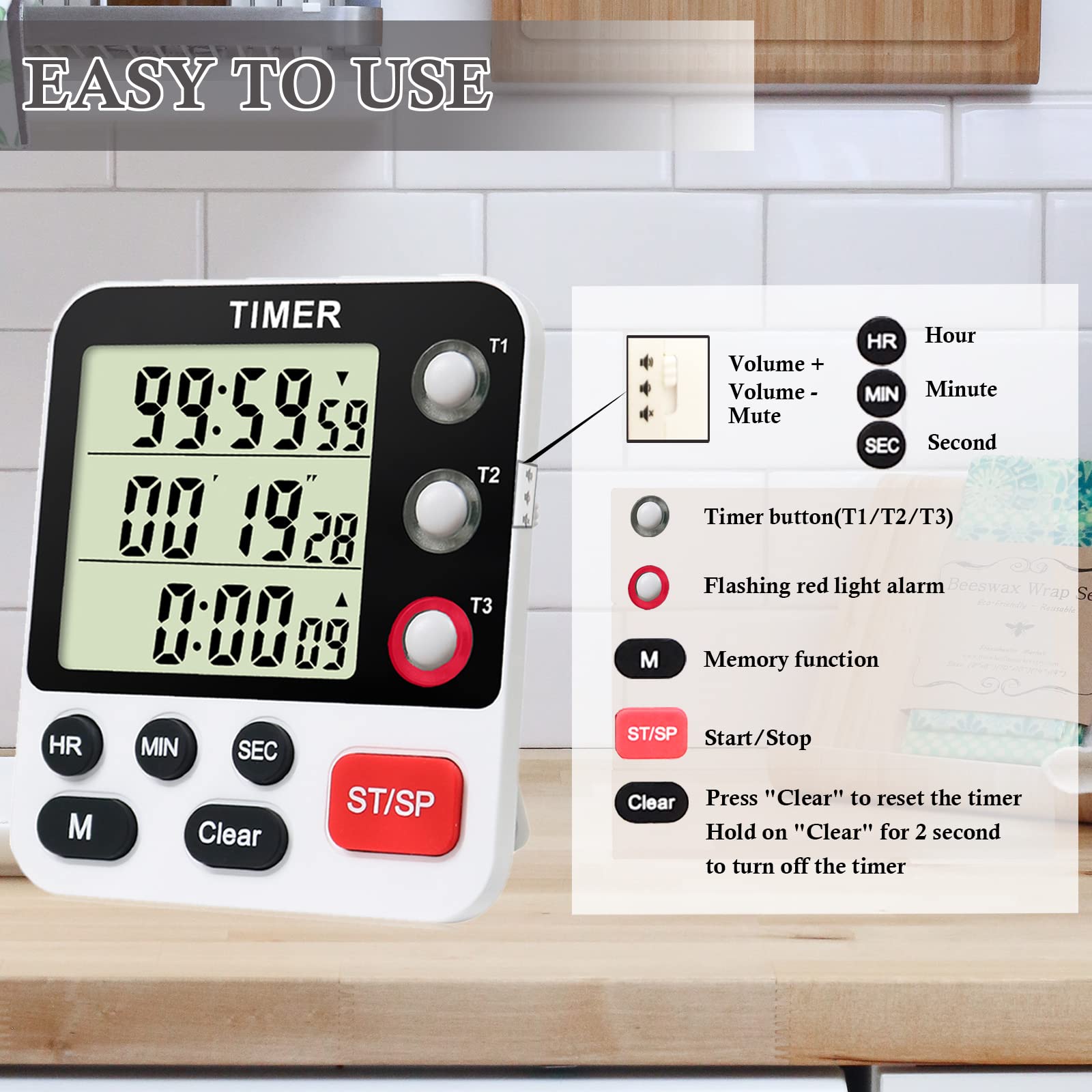 Digital 3-Channel Kitchen Timer with Large LCD Display - Count Up/Down Stopwatch, ON/OFF Switch, Adjustable Volume & Magnetic Back (Battery Included) - Perfect for Cooking, Baking, Teaching & Reading Aloud