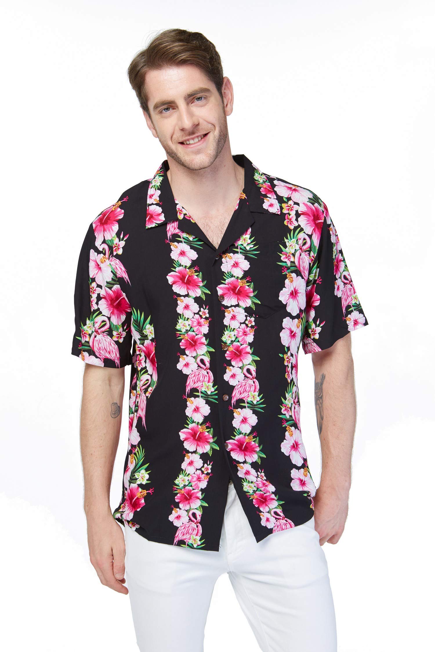 Matching Couple Hawaiian Luau Shirts & Maxi Sweetheart Dress Set - Pink Hibiscus Vine Print for Beach Vacation, Summer Party, and Tropical Date Night