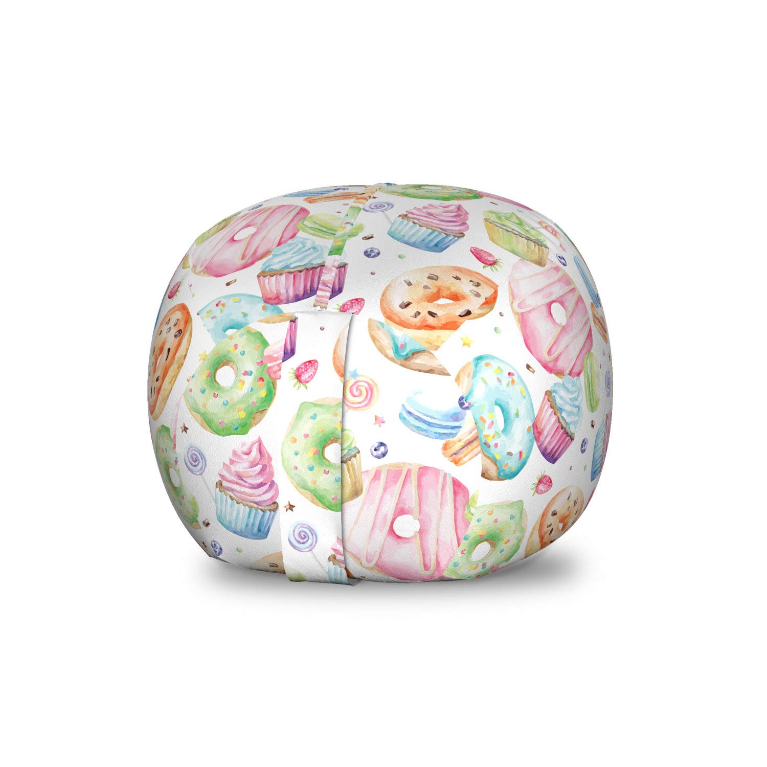Ambesonne Colorful Watercolor Toy Storage Bag Chair - Glazed Doughnut Macarons & Frosted Cupcakes Design, Washable Stuffed Animal Organizer for Kids Room, Small Multicolor - Perfect for Playroom Organization & Kids Bedroom Decor