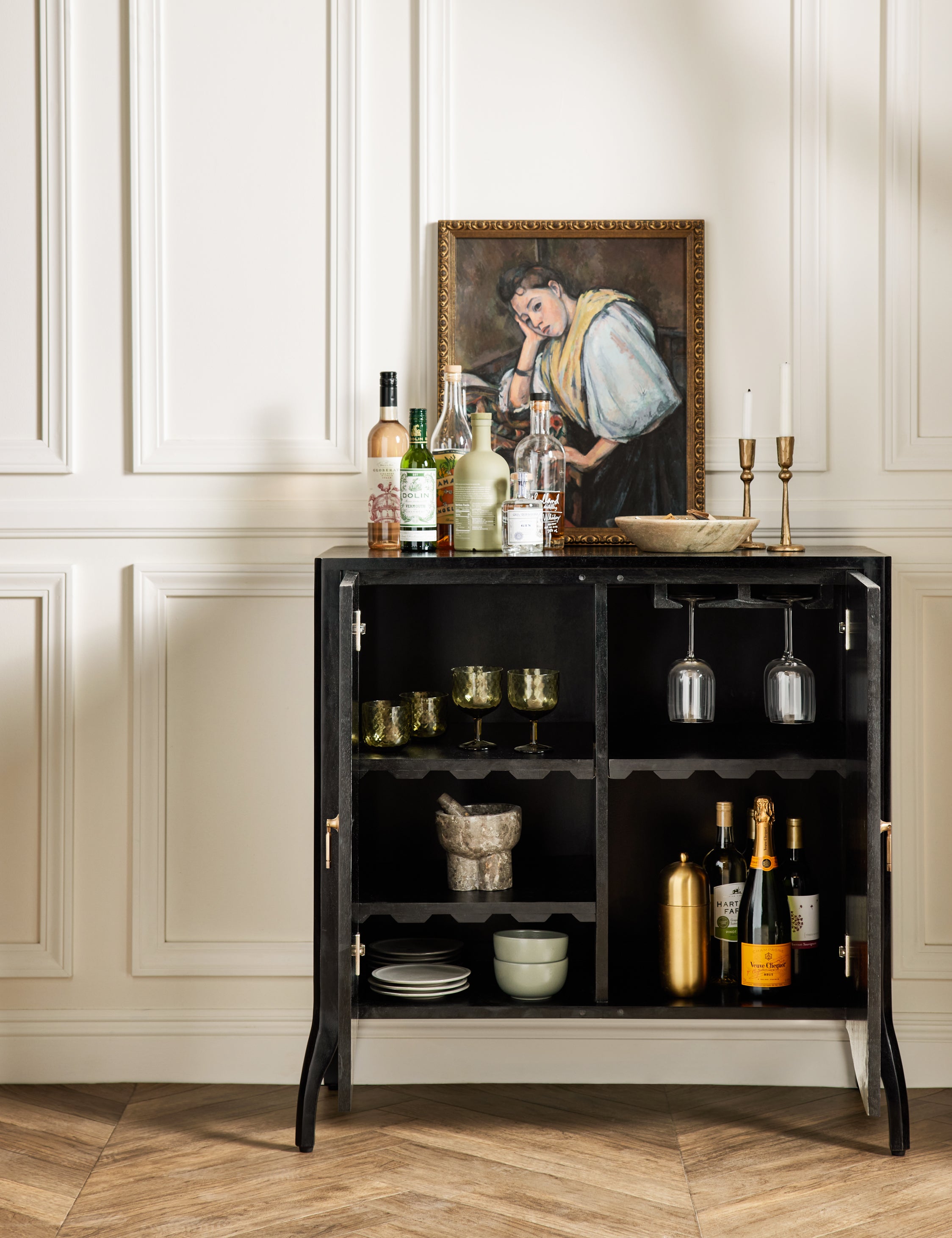 Anabella Bar Cabinet - Modern Home Bar Furniture with Glass Door & Storage Shelves for Wine, Liquor & Glassware - Perfect for Living Room, Dining Room, or Home Bar Setup