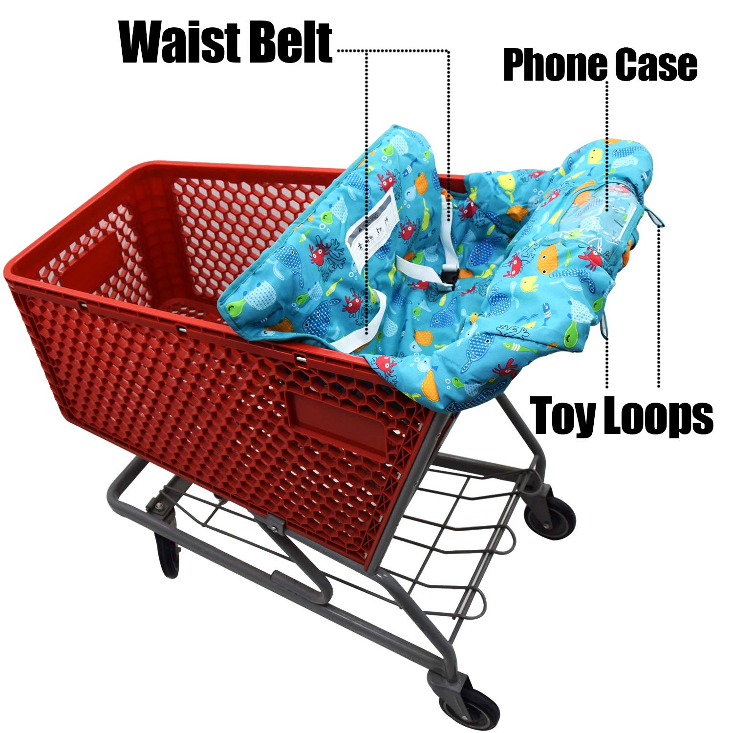Twin Double Baby Shopping Cart Cover for Siblings with Carrying Case - Fits Costco & Sam's Club Warehouse Carts - Blue Sea World Design for Grocery Shopping & Mall Outings