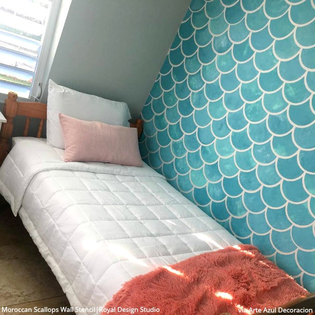 Moroccan Scallops Wall Stencil - DIY Home Decor Stencil for Walls, Ceilings & Furniture - Arabic Geometric Pattern Painting Template for Bedroom, Living Room & Nursery Decoration