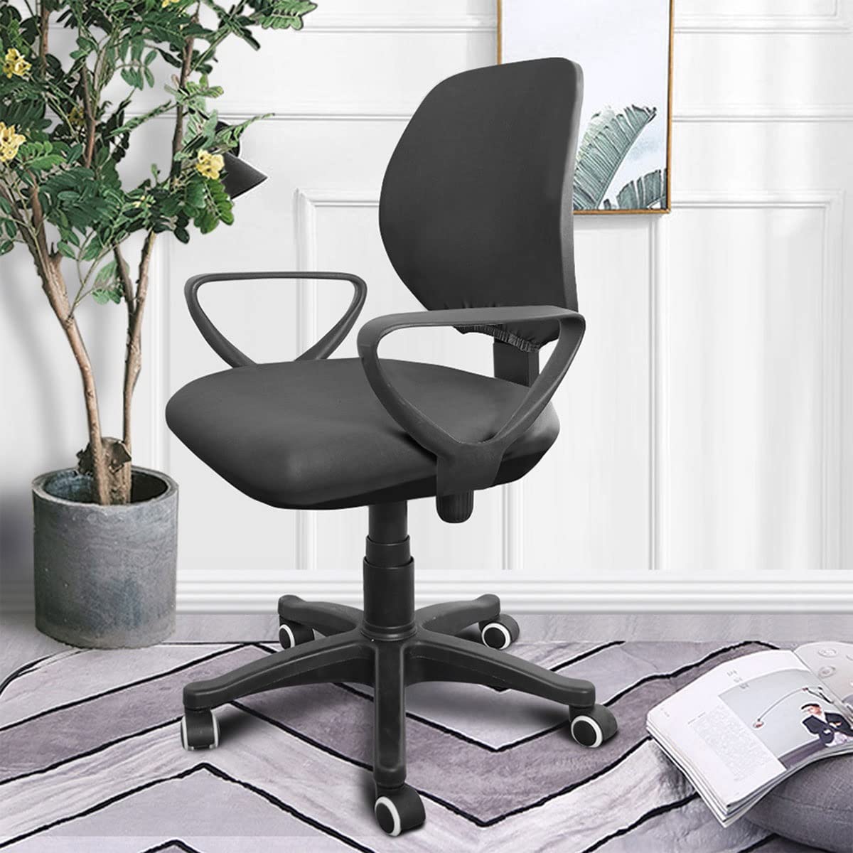 Black Split Rotating Desk Chair Slipcover - Removable Stretch Polyester Office Chair Cover for Swivel & Armrest Chairs - Computer Chair Protector - Perfect for Home Office, Gaming & Workspace Use
