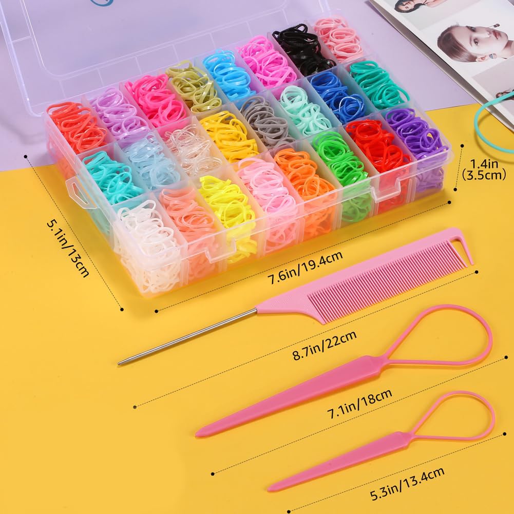 BEBEEPOO 2000 pcs Mini Hair Rubber Bands - 24 Colors Elastic Hair Ties for Girls & Babies with Organizer Box & Rat Tail Comb | Soft Small Hair Bands for Braiding, Ponytails & Hairstyling