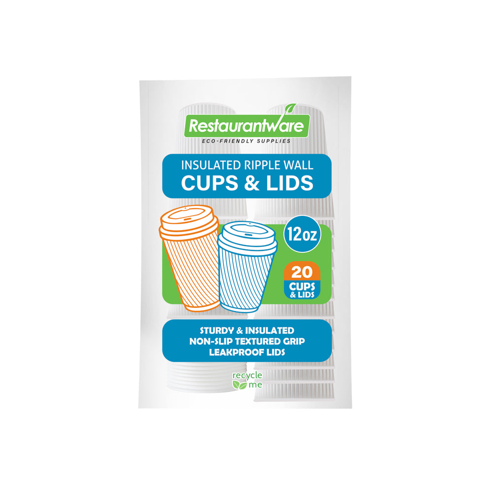 12 oz White Ripple Wall Paper Coffee Cups with Lids - Pack of 20 (3.5