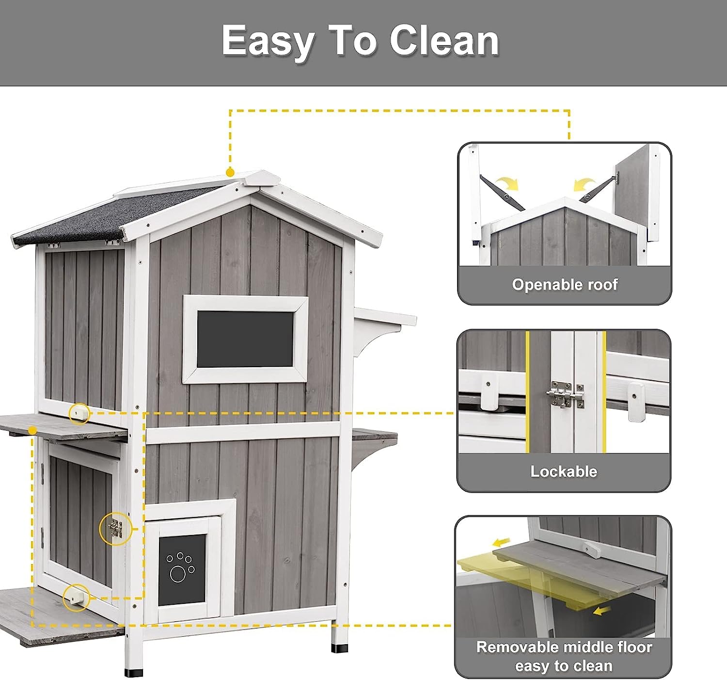 Weatherproof Outdoor Cat Shelter - Two-Story Wooden Feral Cat House with Removable Roof & Escape Door - Perfect for Backyards, Gardens & Winter Protection